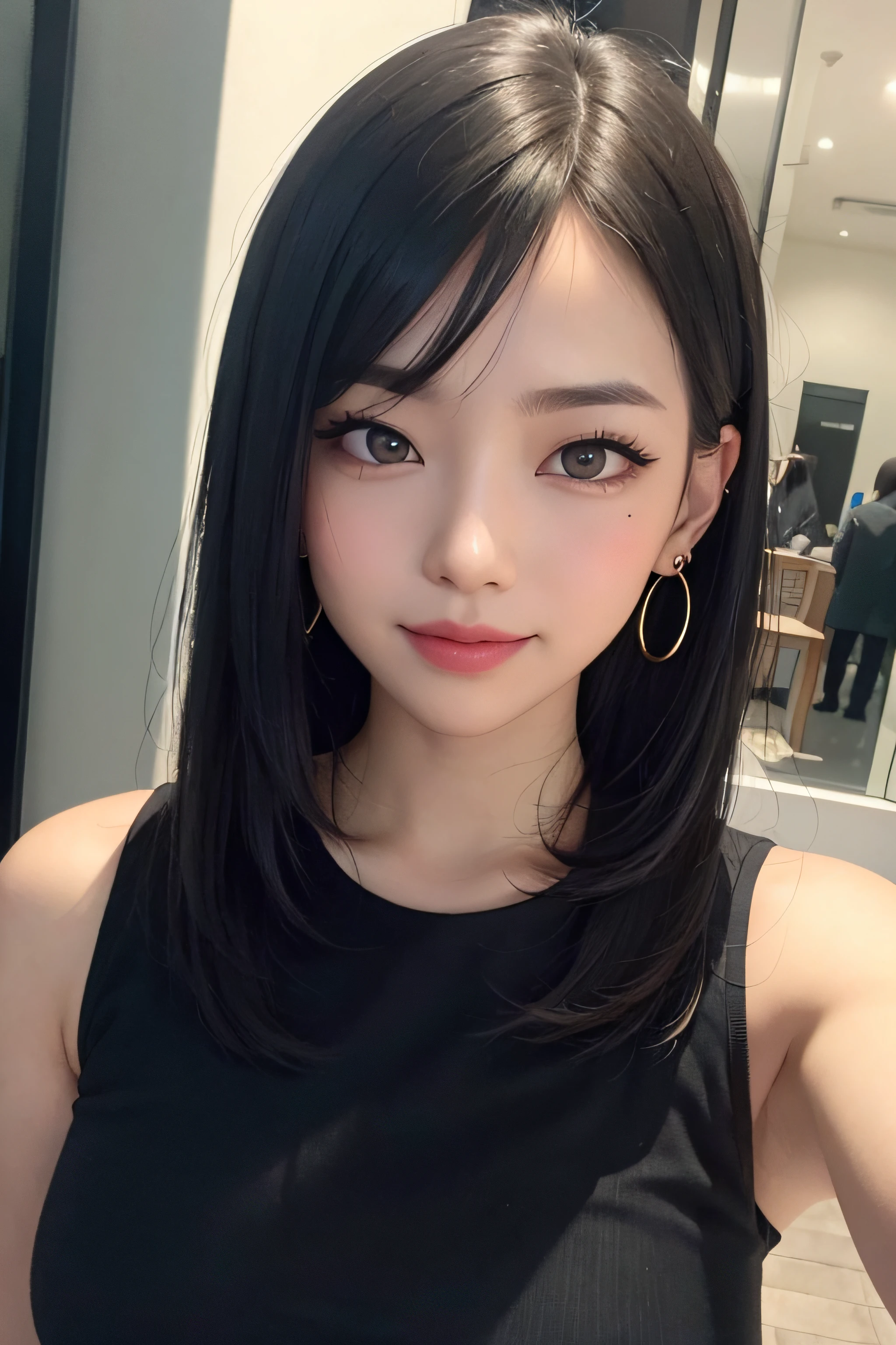 black hair, hair bobbles, longeyelashes, solid circle eyes, light smile, mole under eye, heart earrings, light smile, shy, puckered lips, Surrealism, drop shadow, stereogram, pov, atmospheric perspective, depth of field, first-person view, f/1.8, 8k, super detail, ccurate, best quality, highres, best quality,full body