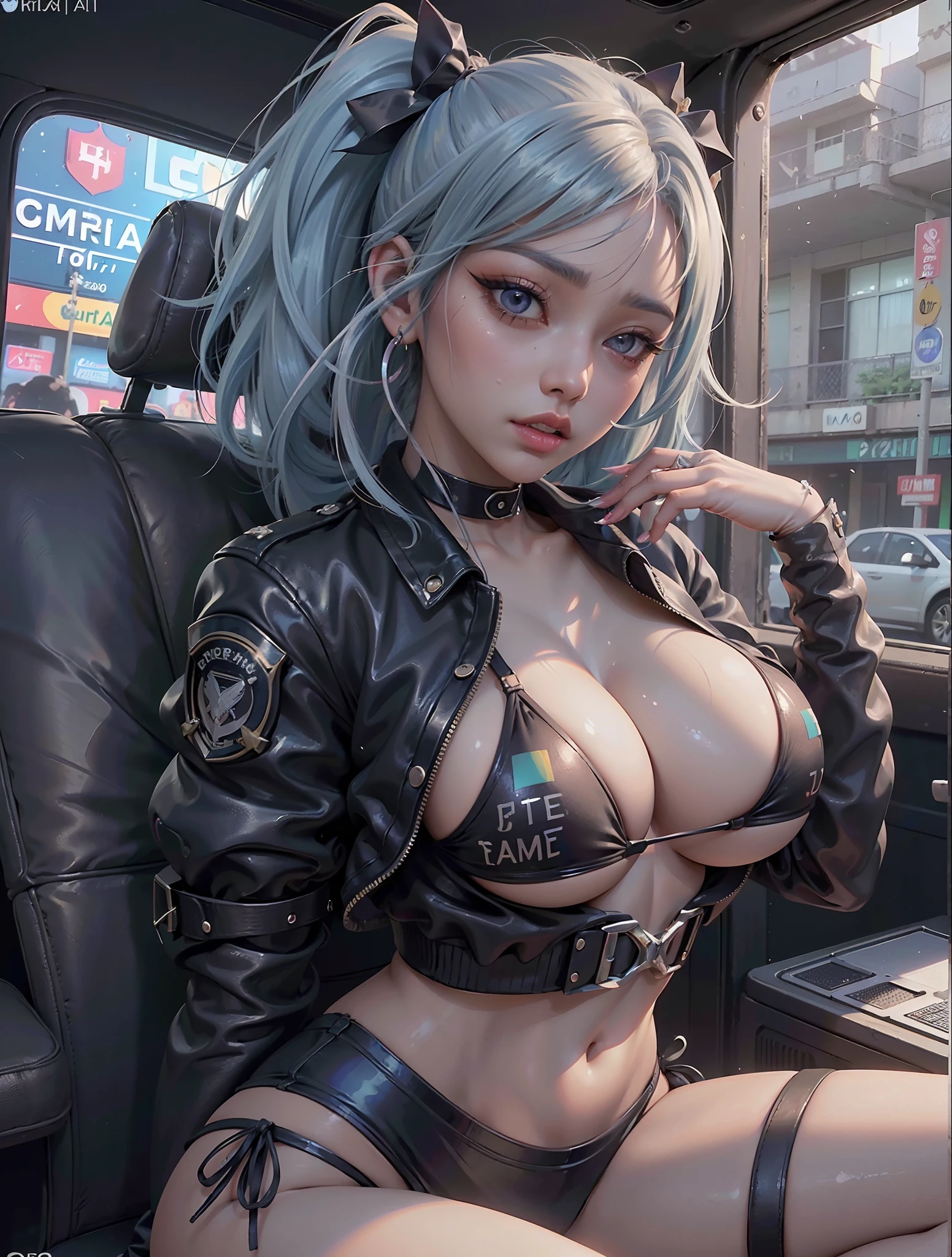 ((Cardi B como Jinx de League of Legends, Lolita prostituta)), ((in the back seat of a police car, seios pressionados, algemados, hands out of sight, hands behind the back, crying real tears, triste)), hysterical crying, colapso emocional, ((criminoso, preso, erotic, hentai))), sedutor, (looking at the viewer from the back seat of a police car), (interior de um carro policial realista, ray tracing, octane render), hiperrealismo, motor irreal, perfect compositio, render perfeito, perfect  lighting, cinema 4d, 3dcg, fotografia vetorial 8k, fotografia hiper-realismo, busty, jovem, adolescente, perfect body high resolution perfect face perfect hands perfect fingers perfect breasts 8k, (((micro bikini, todo preto uniforme de aluna, dedo de camelo, protruding areolas areolas recoil breasts swinging freely))), ((olhos verdes, half Asian half Spanish, menina mista, fit,)) rasgado, Six pack abs, (((super grosso, cintura pequena))), (((cabelo azul curto com franja e destaques))), olhos de esmeralda, olhos bonitos, cativante, sedutor, enfeites de cabelo lolita, Tank Girl, estilo punk, cyberpunk, vaporwave, tokyolagii, meia-noite, lifelike lighting, ambiente realista, roupa detalhada, Realistic facial features, ((perfect angle, pose perfeita, foco no rosto camel toe e seios))