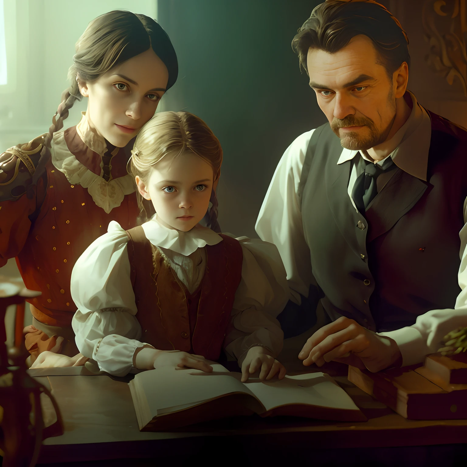 There are two people and a child sitting at a table, kramskoi 4 mil, Alexey Egorov, inspirado em Marius Borgeaud, fantasy genre portrait, inspirado em Ivan Kramskoi, mourning family, fantasia arte vitoriana, Directed by: Aleksander Gierymski, Directed by: Alexander Kucharsky, Directed by: Mikhail Evstafiev