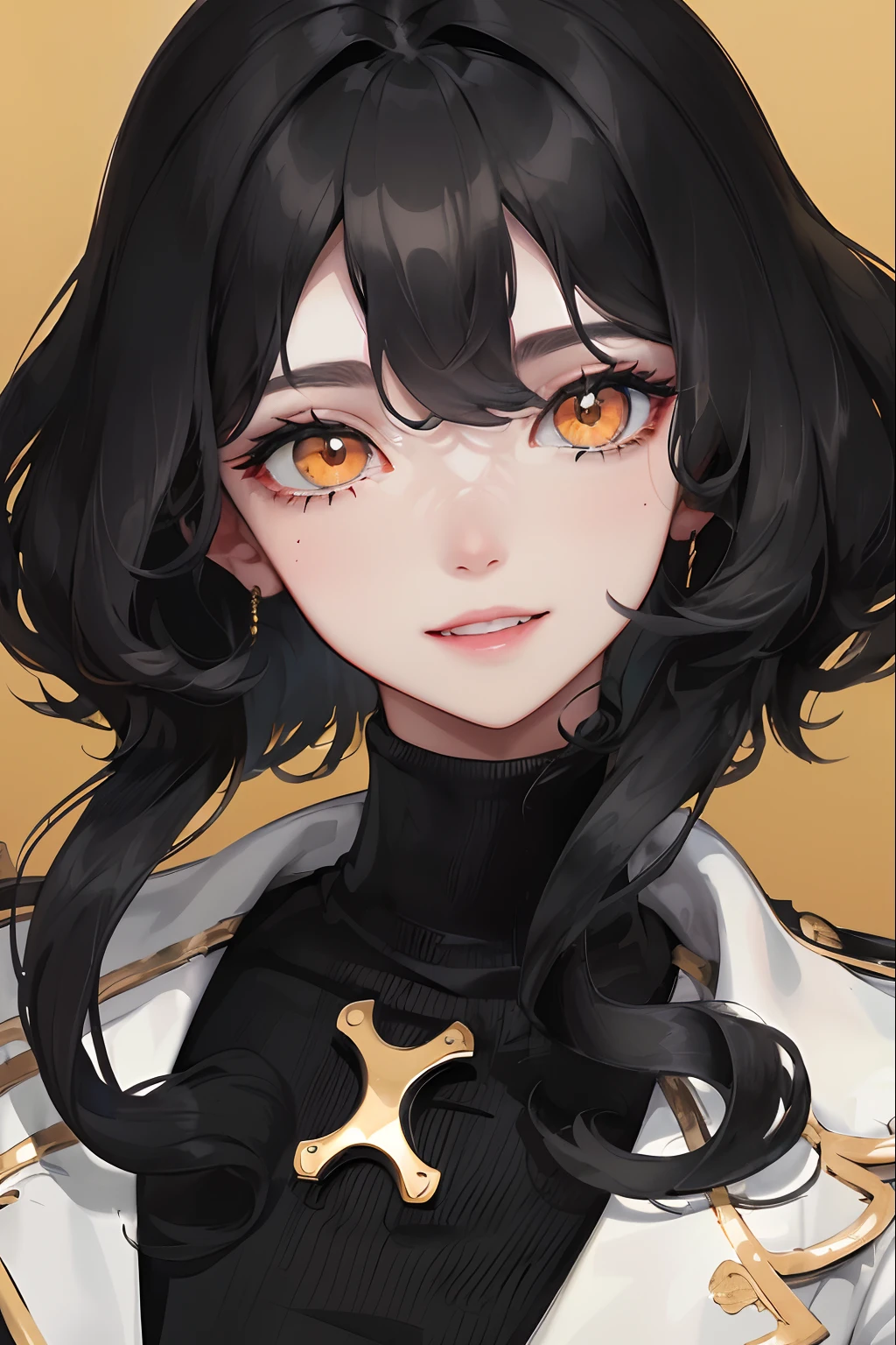 1woman, ((long wavy half-white, half-black hair)), swept bangs, ((golden eyes)), fake smile, unnerving smile, black turtleneck, pirate coat, dark sky, pretty eyes