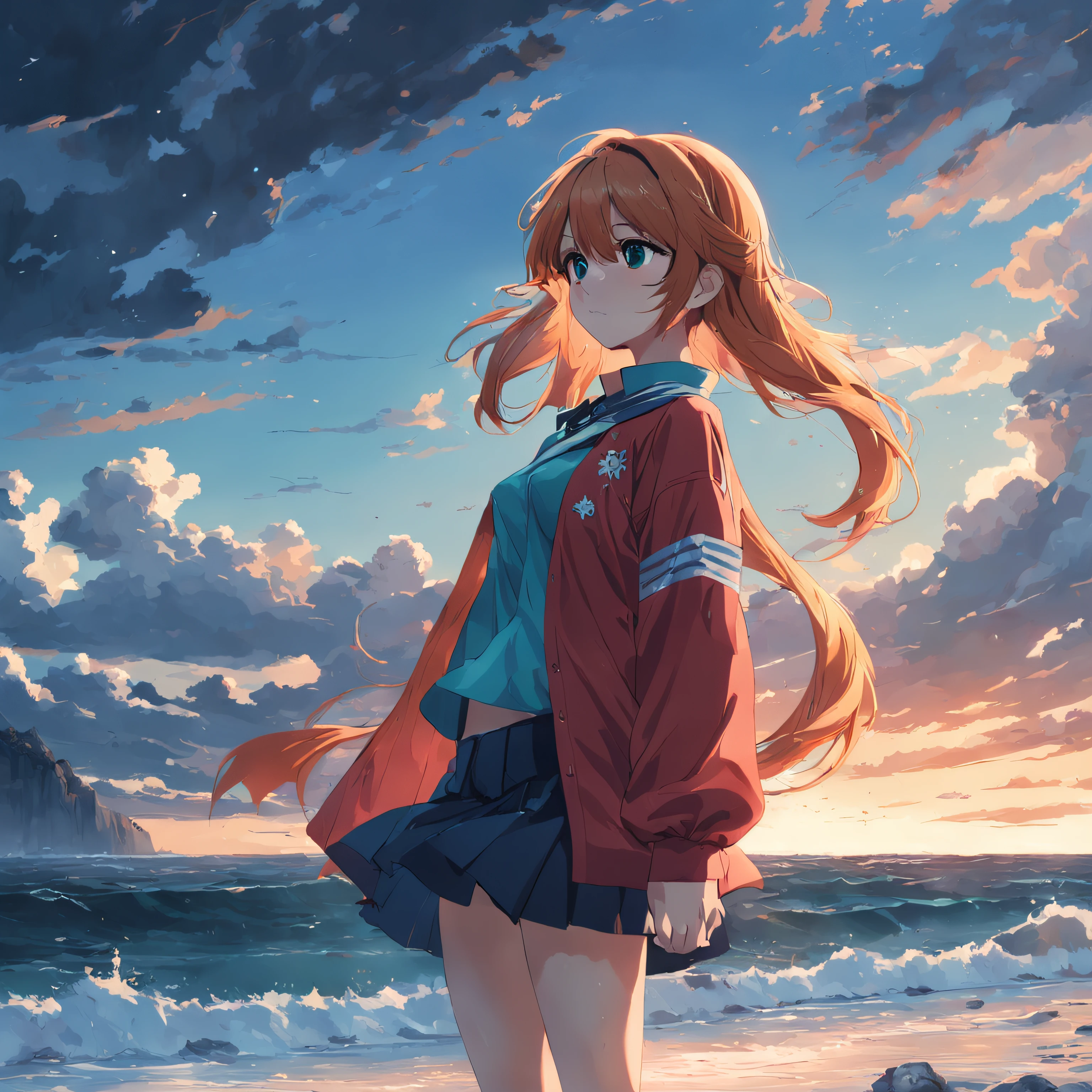 Asuka standing by the sea, Wear trendy clothes, Look sideways at the sea, with a melancholy expression, The composition is open, PC Wallpapers, anime, viewfinder, panorama, Sony FE GM, cinematic lighting, 4K, best quality, UHD