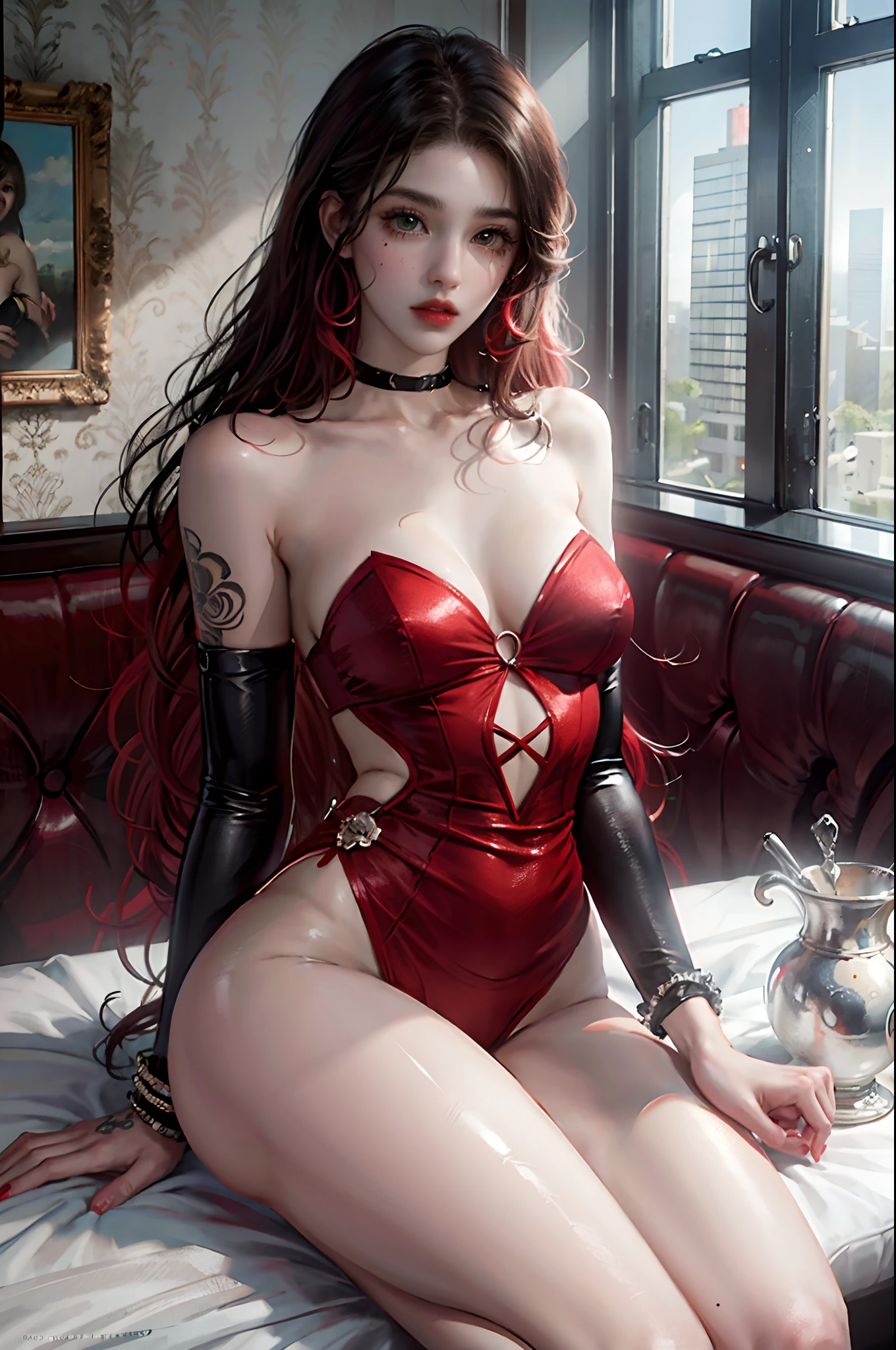 (8k, RAW photo, best quality, masterpiece:1.2), ultra-detailed, perfect detail , looking at viewer, make up, seductive, shamefaced, (young:1.2),((20 year old)), beautiful face, beautiful eyes, (((perfect female body, narrow waist))), red hair, asian appearance, hourglass figure, green eyes, beautiful appearance, red silk dress, puffy lips, black heels, in the restaurant, wavy hair, light makeup, mole under the lip, tattoo on the shoulder