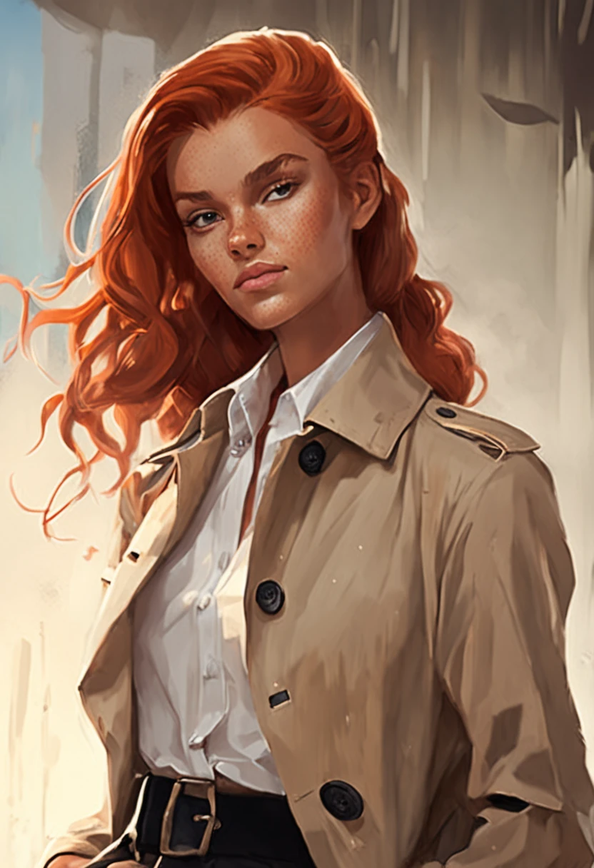 Longas, wavy red hair pulled back in a low bun Light green eyes Light skin with freckles all over her face Wears a classic tanned trench coat over a button-down white shirt and black pants Black oxford shoes Always wears a silver watch and small earrings ::n_style drawing, Low quality imperfection, doll, game, anime