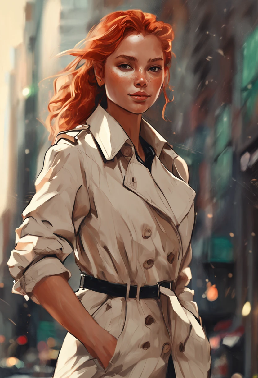 Longas, wavy red hair pulled back in a low bun Light green eyes Light skin with freckles all over her face Wears a classic tanned trench coat over a button-down white shirt and black pants Black oxford shoes Always wears a silver watch and small earrings ::n_style drawing, Low quality imperfection, doll, game, anime