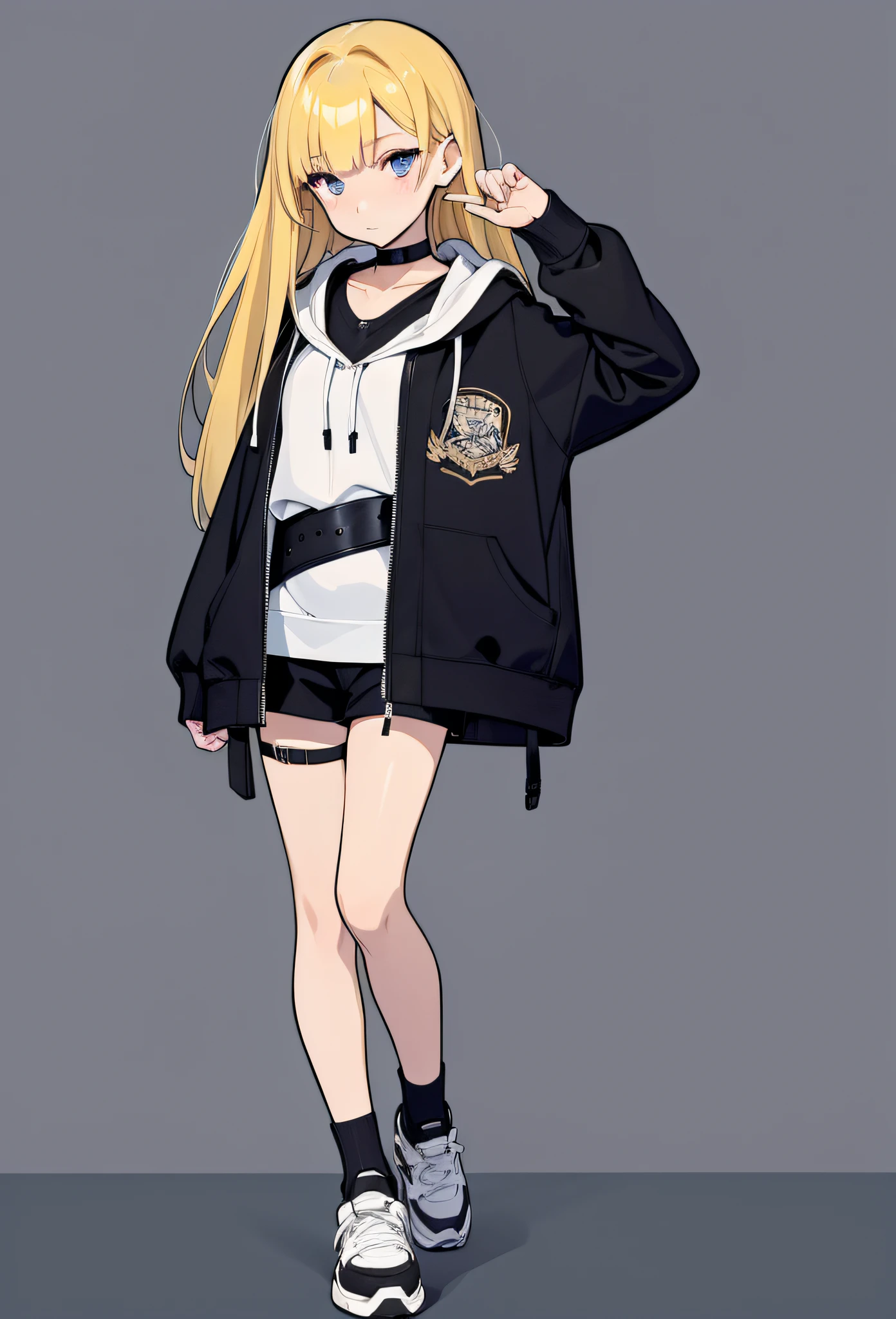 Look far away、Full body,full bodyesbian,Standing,upright posture、top-quality、masuter piece、超A high resolution、8K、clear contour、masterpiece、top-quality、white backgrounid、One girl、waist-length hair、a blond, Eyes black, Wear a white hoodie、Wearing a black jacket over a hoodie、Wearing black shorts、I'm wearing black stockings and sneakers that reach below the knee.,