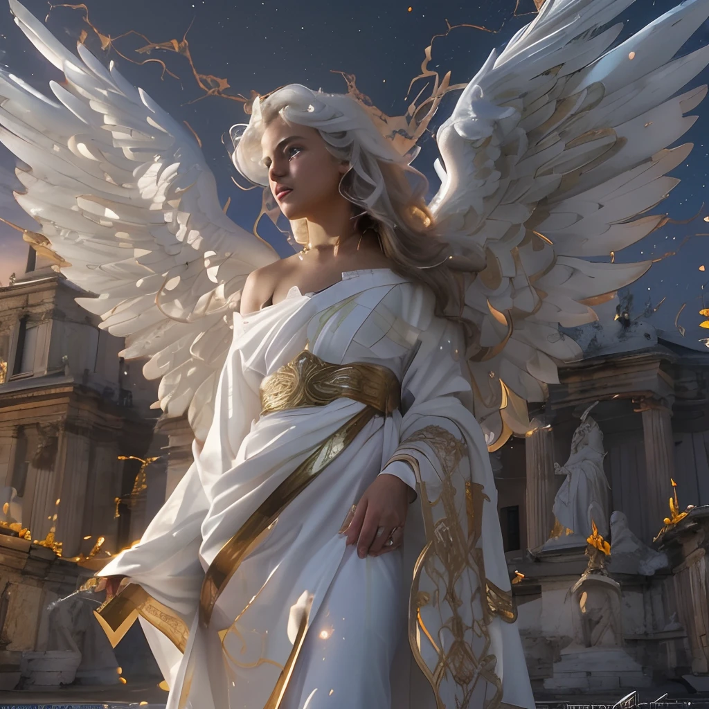 (((SAINT MICHAEL ARCHANGEL. 19 years old))) ((( Con una cara seria y piadosa. Con una mirada dulce y tierna))) (obra maestra, calidad superior, mejor calidad, arte oficial, beautiful and aesthetic: 1.2), (1girl), extremadamente detallado, (Arte fractal: 1.3), colorido, highest detailed, Cara perfecta, parte superior del cuerpo, HDR, (orando: 1.3), (golden lines of white coat: 1.2), galaxia, (rayas de luz), eye-catching visuals, (dynamic stripes, senderos luminosos: 1.2), colores vibrantes,