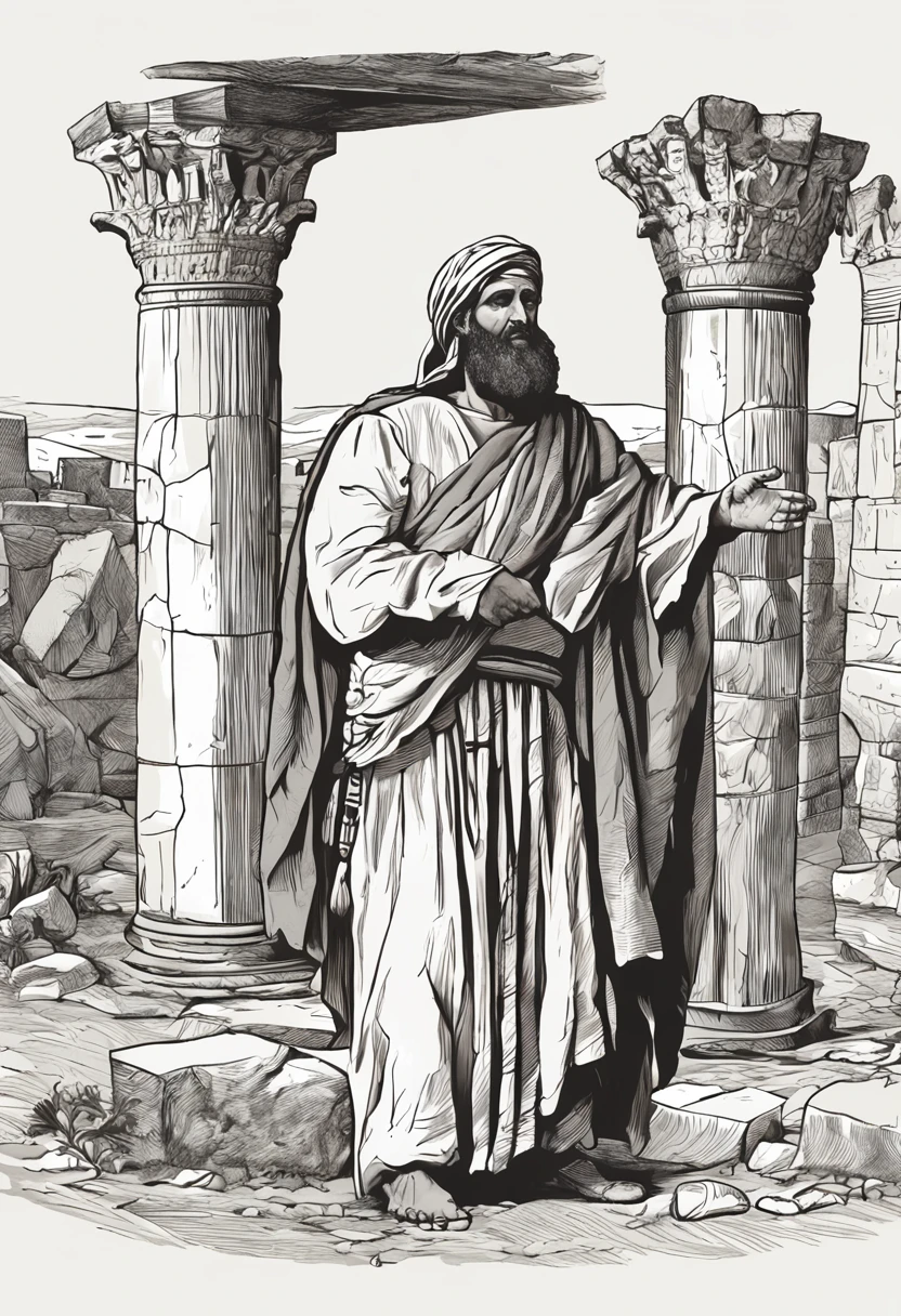 Create a 4k resolution image that depicts the biblical character Haggai in its historical context. Haggai was an Old Testament prophet who lived during the post-Babylonian period of exile, when the Jews were returning to Jerusalem to rebuild the Temple. Na imagem, Ageu deve ser representado como um homem idoso, wearing simple tunics that reflect the style of the time. Ele deve estar diante de um grupo de pessoas, including builders and other prophets of the time, who are all focused on rebuilding the Temple in the background. The surrounding scenery should convey the feeling of a rebuilding Jerusalem, com andaimes, Visible stones and building materials. The Temple itself must be in the early stages of reconstruction, with some parts still in ruins. O ambiente deve ser realista, showing the difficulties and challenges faced at the time. Haggai must have a serious and determined facial expression, demonstrating his importance as God's messenger during this crucial period. Lighting should come from a natural light source, como o sol, para destacar as roupas, rugas e detalhes do rosto de Ageu. Certifique-se de que todos os detalhes, from the vestments to the architectural details of the Temple, Be in high-resolution 4K to emphasize historical authenticity. After the image is created, zoom in on Haggai figure to show attention to detail and quality in 4k.
