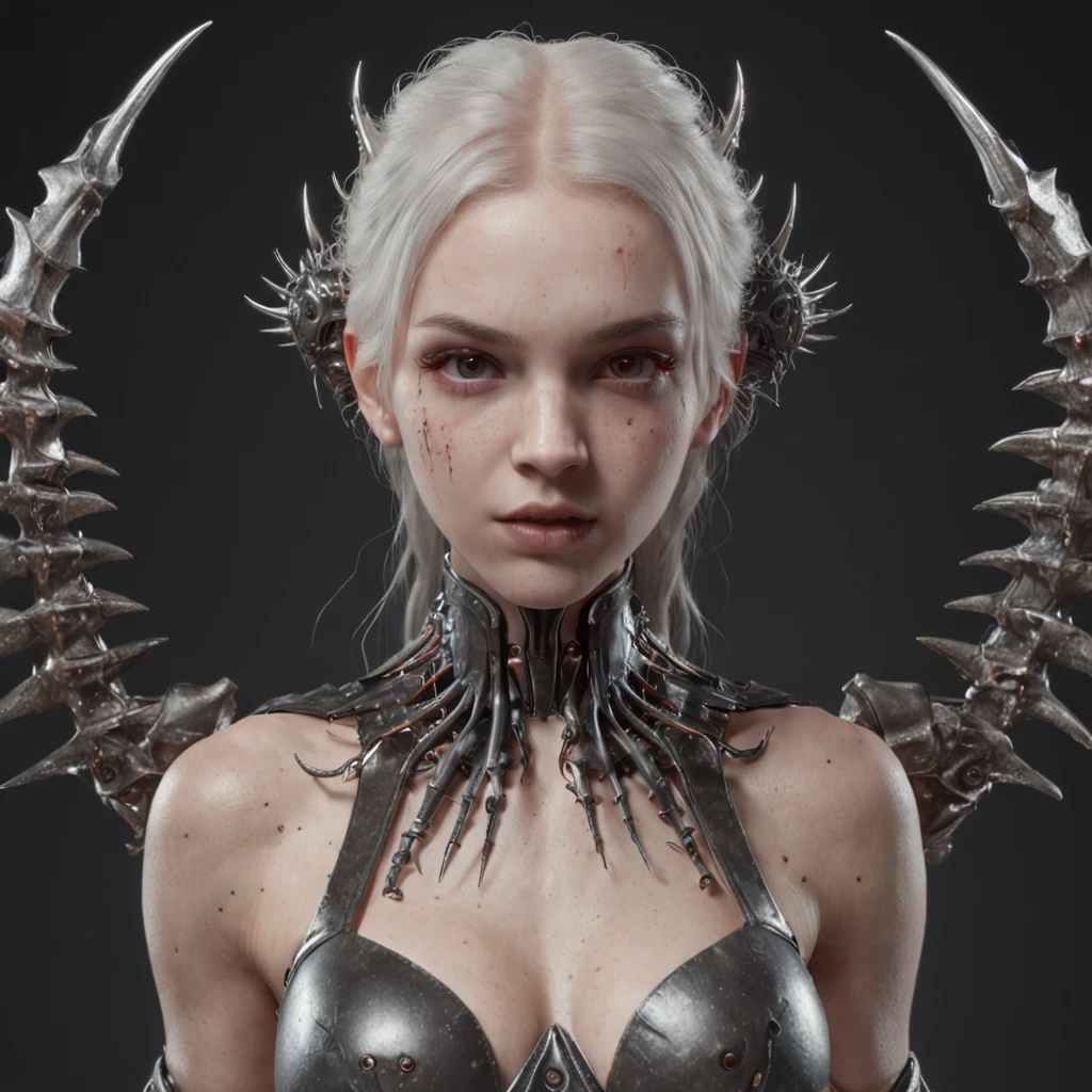 a person with spikes on their head, by Yoshihiko Wada, pixiv, gothic art, beutiful white girl cyborg, carnage, about to consume you, ultra detailed color art, real physical proportions, monstrous, detailed body, gorgeous, anime style, realistic, realistic photo, model, menacing, masterpiece, high quality, highres, cinematic composition, accurate ray tracing