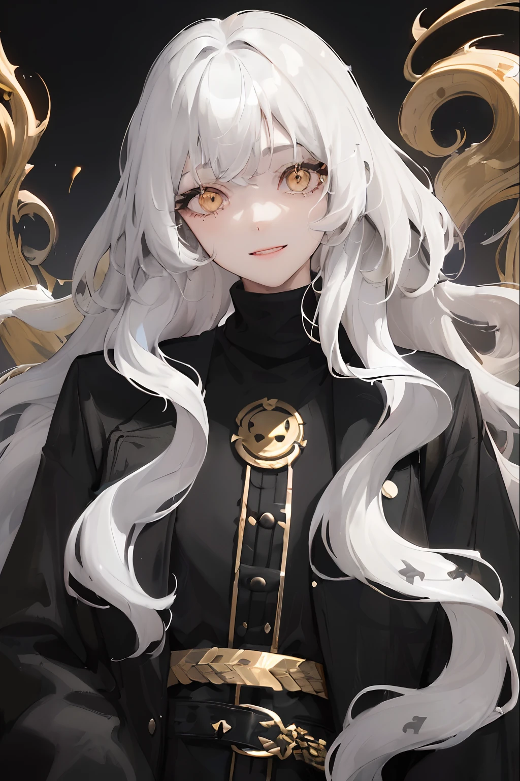 1woman, ((long wavy hair)), ((half of her hair is white and the other half of her hair is black split into two colors)), swept bangs, ((golden eyes)), fake smile, unnerving smile, black turtleneck, pirate coat, dark sky, pretty eyes