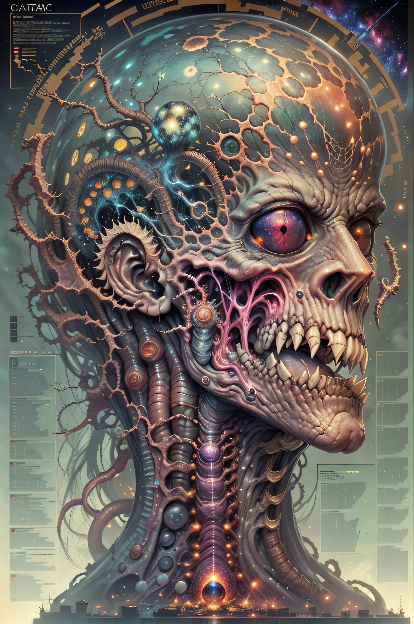 Fantasy00d Technical Diagram, Info graphic, Charts, of A Cosmic Anatomical Abomination Monster head, Info Graphic, Scientific, Data Diagram, Nervous System, Galaxy, Radioactive Colors, Midnight Aura, Ultra Detailed, H.R. Giger, Max Ernst, Thomas Kinkade, Robert Gonsalves, Dark Galaxy Background