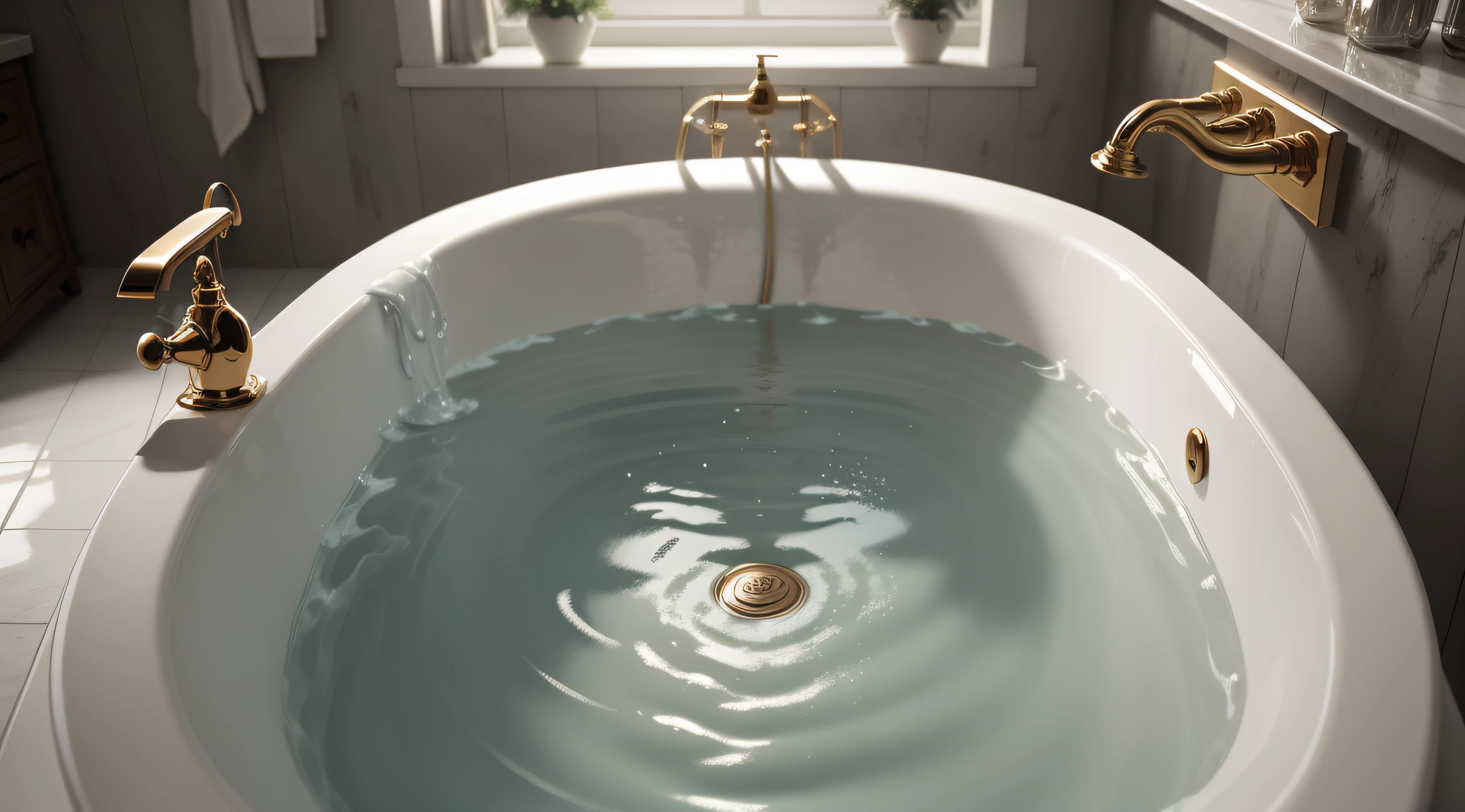 close-up of the bathtub drain with little water, 8k, hyper realistic, high resolution, High detail