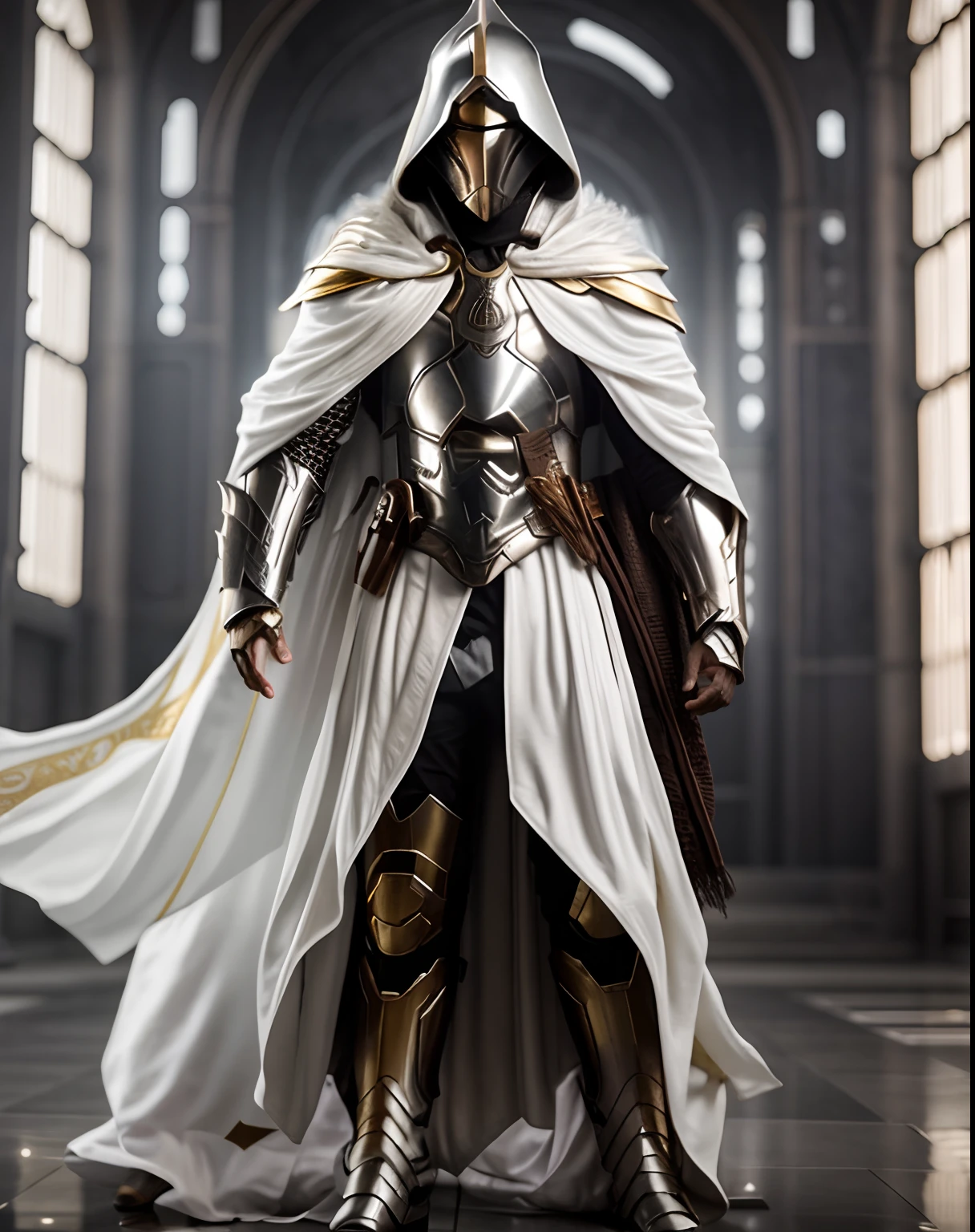 um close up de uma pessoa com um manto branco e um manto branco, flowing robes and leather armor, com armadura prateada elegante, armaduras e vestes, wearing a flowing robe, usando armadura pesada com capa, Tor, da Marvel, Ceifador de Overwatch, com armadura de metal prateado elegante, O Cavaleiro do Cavaleiro Oco, armadura prateada elegante, trending on unreal engine 5, segurando um sabre de luz , Starwars