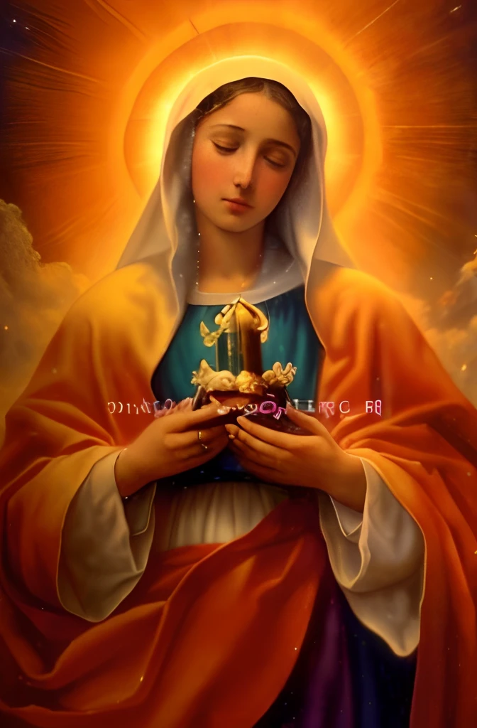 (((Blessed Virgin Mary and the baby Jesus. 19 years old))) ((( Con una cara seria y piadosa. Con una mirada dulce y tierna))) (obra maestra, calidad superior, mejor calidad, arte oficial, beautiful and aesthetic: 1.2), (1girl), extremadamente detallado, (Arte fractal: 1.3), colorido, highest detailed, Cara perfecta, parte superior del cuerpo, HDR, (orando: 1.3), (golden lines of white coat: 1.2), galaxia, (rayas de luz), eye-catching visuals, (dynamic stripes, senderos luminosos: 1.2), colores vibrantes,