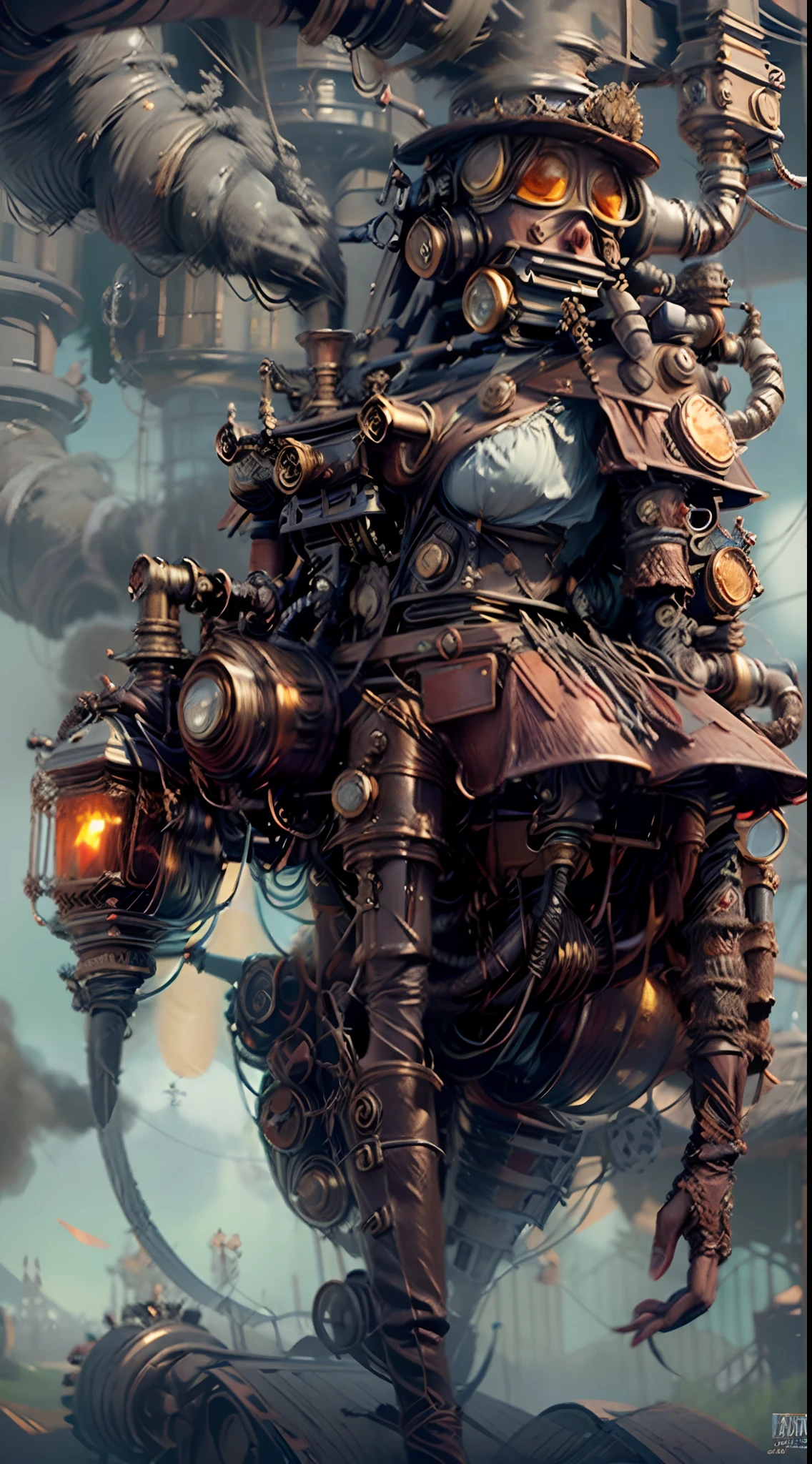 There's a sexzy african woman with a steam-powered dusky skin, with big boobs,Royal look,helmet, arte conceitual steampunk, sexzy full body view, flying,Wojtek FUS, arte digital steampunk, detailed wild steampunk illustration, Portrait of a gold and copper mechanical woman, arte steampunk, estilo de arte dieselpunk, cyberpunk steampunk, estilo de fantasia steampunk, Arte digital altamente detalhada em 4k, sci-fi steampunk
