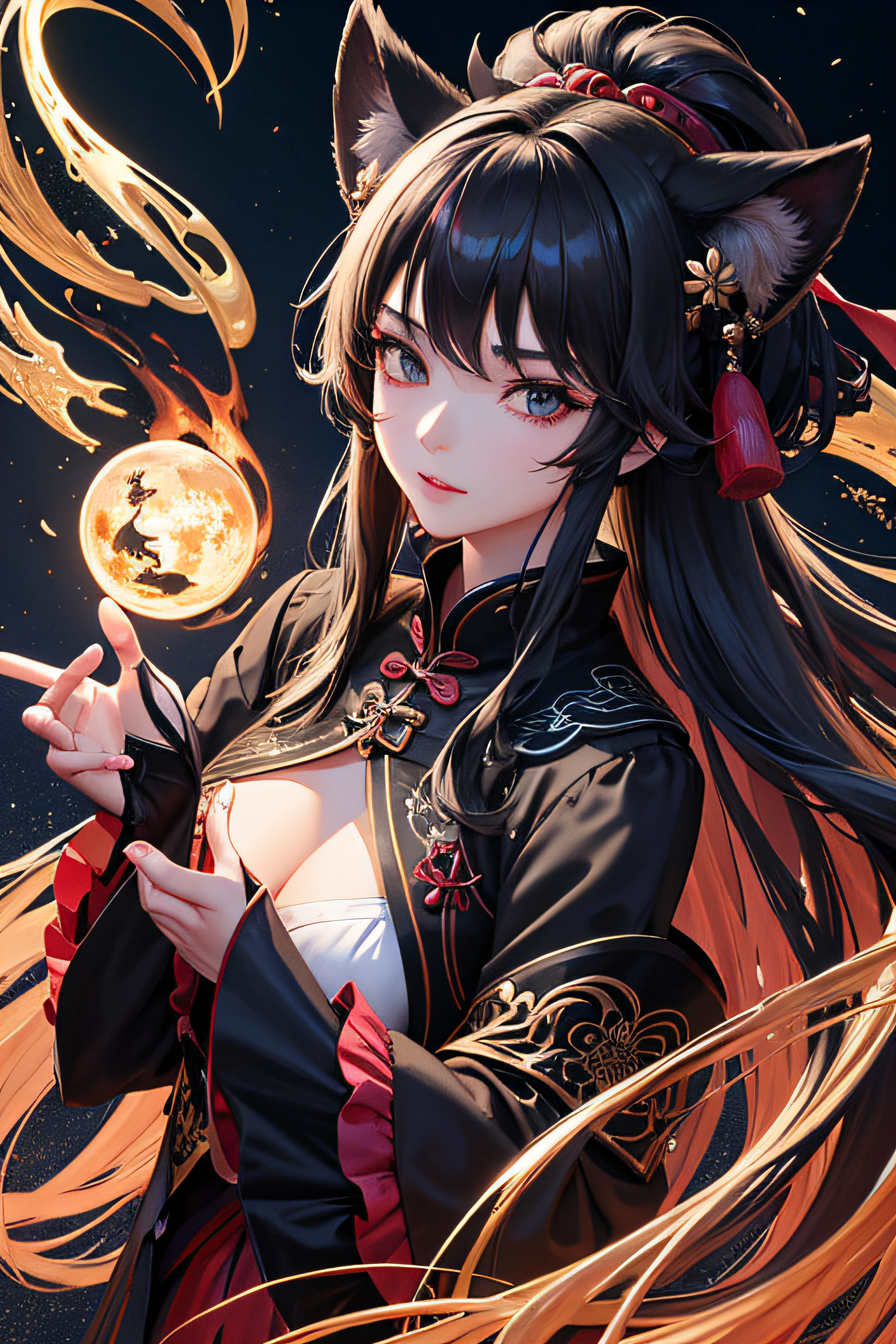 A Chinese fairy in a magical costume,Holding a samurai wrapped in black smoke,She casts a special effect of magic,Lively against the black sister and the smoke,Fluttering hair,Name the light effect,Clear surface features,arte 3D,CG Society。Fantasyart,ARtSTATION HD,Anionic aesthetics,Animate,Mathematical swords,rim-light,softlighting,The film edges are delicately lit,ultra - detailed,Wait for the shooting,8k,high high quality,high detal,超高分辨率,best images quality,Works of masters