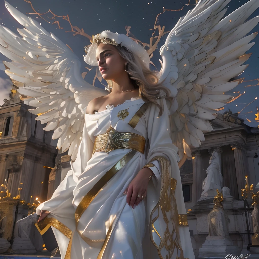 (((SAINT MICHAEL ARCHANGEL. 19 years old))) ((( Con una cara seria y piadosa. Con una mirada dulce y tierna))) (obra maestra, calidad superior, mejor calidad, arte oficial, beautiful and aesthetic: 1.2), (1girl), extremadamente detallado, (Arte fractal: 1.3), colorido, highest detailed, Cara perfecta, parte superior del cuerpo, HDR, (orando: 1.3), (golden lines of white coat: 1.2), galaxia, (rayas de luz), eye-catching visuals, (dynamic stripes, senderos luminosos: 1.2), colores vibrantes,
