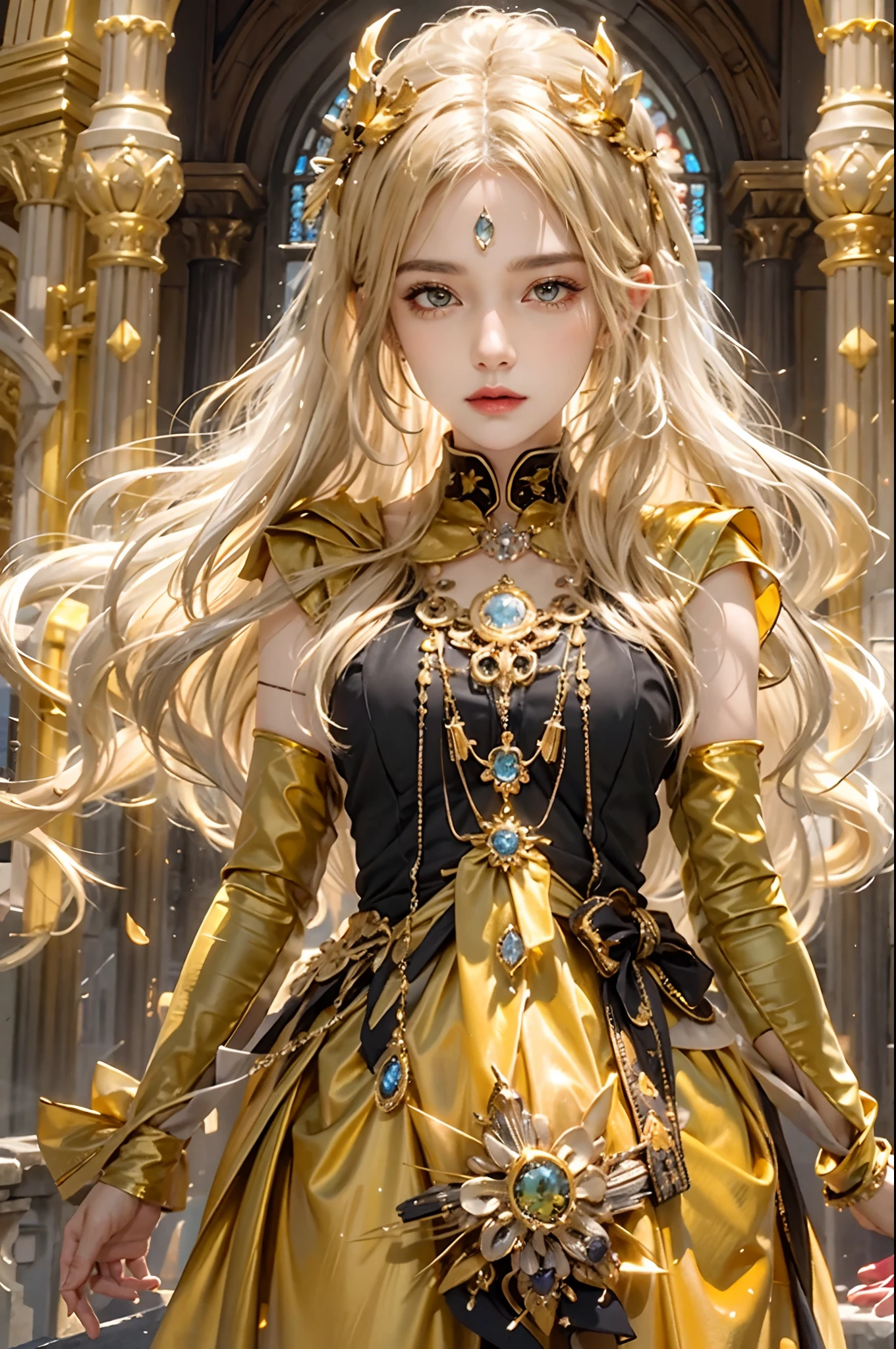 ultra detailed 8k cg,intricate detail,delicate patern,jewelry,gem,gold,golden,gold theme,shiny,glint,sparkle,blonde hair,yellow cloak,yellow eyes,rich,prestige,gothic architecture,(topless:1.1),