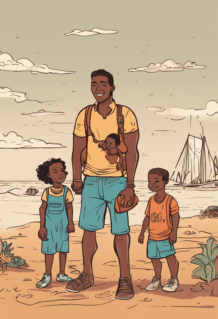 Quatro jovens aventureiros animados. Um menino de pele parda, e um menino gordinho de pele castanha e uma menina de pele castanha com longos cabelos ondulados e uma menina de pele castanha com cabelos pretos cacheados, all wearing T-shirts and shorts and cap and a backpack, design de personagens, multiples poses and expressions, Cute children's book illustration style, Colorido, simples, fofo, Disney, Pixar, Ghibli