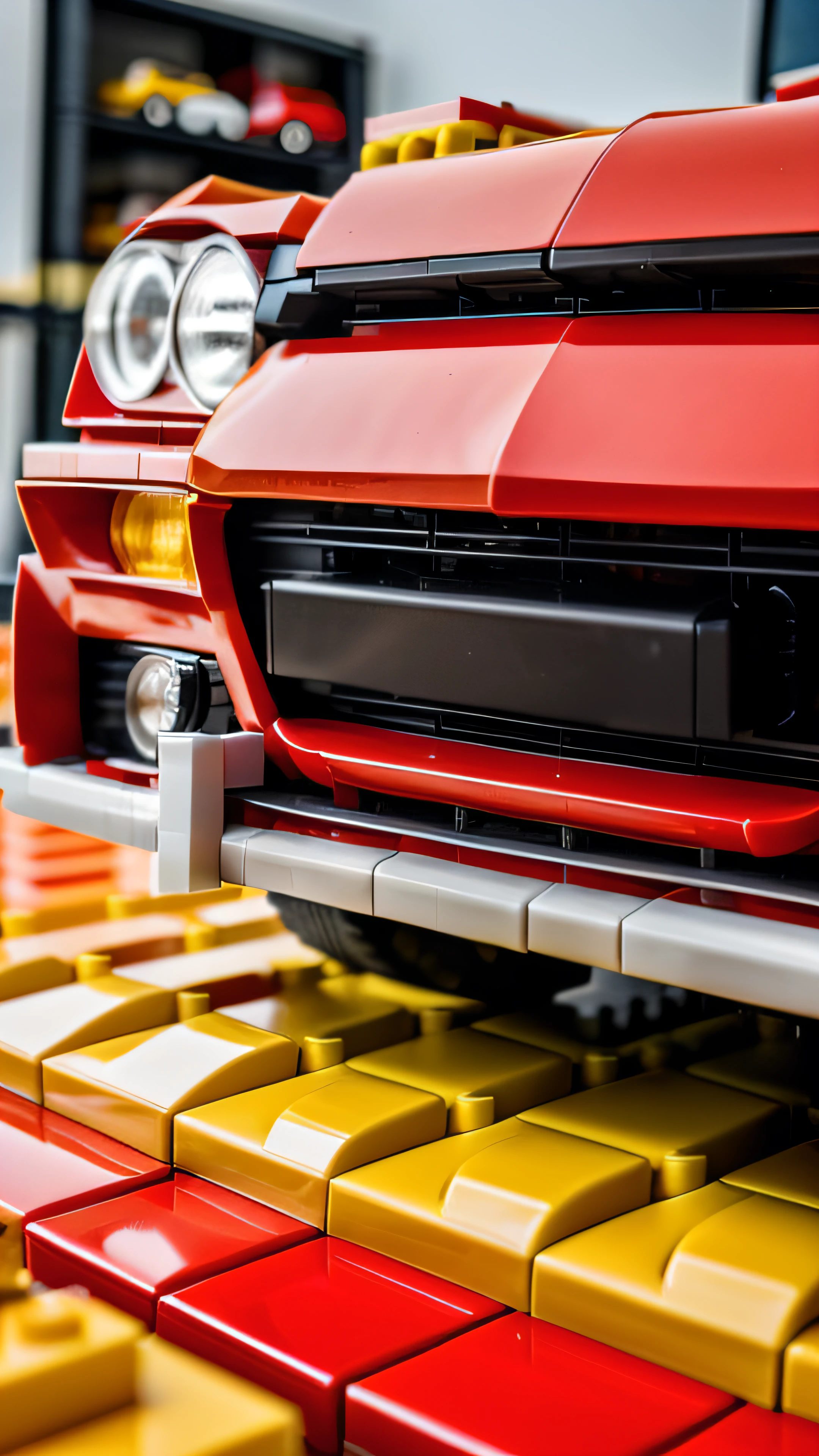 Foto RAW, An abstract photo of a red car racing through a backdrop made of Legos, (altamente detalhada: 1.2), 8k UHD, DSLR, soft-lighting, alta qualidade, grain of film, Fujifilm XT3