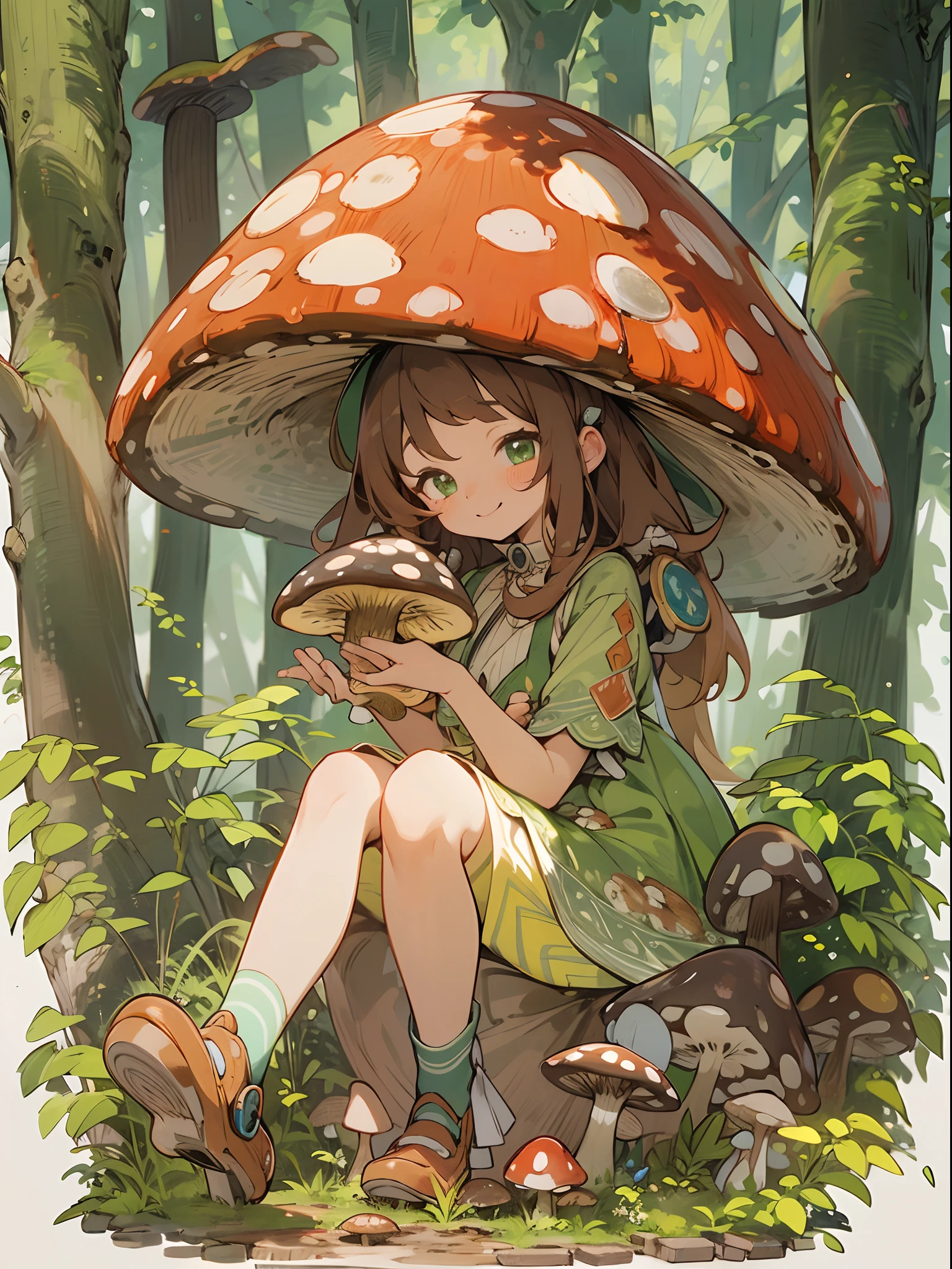 1girl, beautiful eye, smile, mushroom maiden, playful expression, thin eyebrows, mushroom cap styled hat, dress made from natural materials, red and white pattern, brown hair, short, bobbed, green eyes with a mischievous glint, walking pose, background of a deep forest with mushrooms, mossy ground underfoot, small mushrooms sprouting from the edges of her dress, intricate patterns of forest life on her dress, dappled sunlight filtering through the dense canopy, various species of mushrooms growing in the background, small creatures of the forest peeking through the foliage, shoes crafted from bark and leaves, mushroom cap hat shading her eyes, smile reflecting the joy of the forest, tiny, glowing spores floating in the air, strands of hair swaying gently as she walks, undergrowth rustling beneath her steps, fingers gently tracing the caps of the mushrooms she passes, the vibrant energy of the forest captured in her lively expression, freckles mimicking the pattern of a mushroom's gills, the forest's greenery reflected in her eyes, aura of harmony with nature, sun rays illuminating her figure, creating a halo of warmth and life, atmosphere of magic and enchantment,