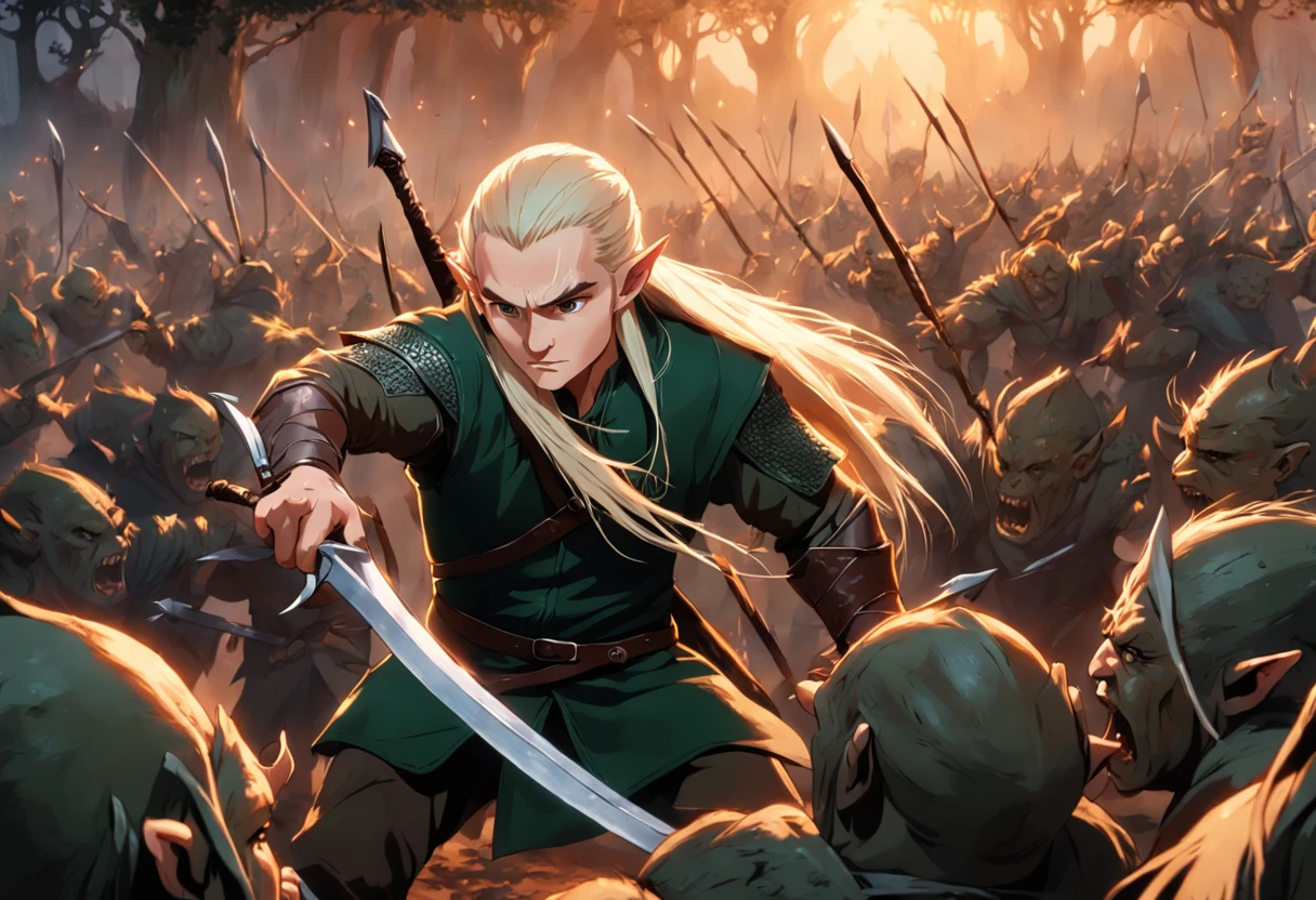 Legolas fighting orcs in the movie The Hobbit of the Lord of the Rings