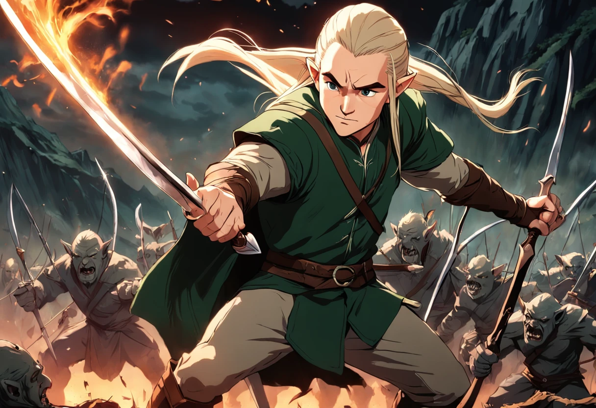 Legolas fighting orcs in the movie The Hobbit of the Lord of the Rings
