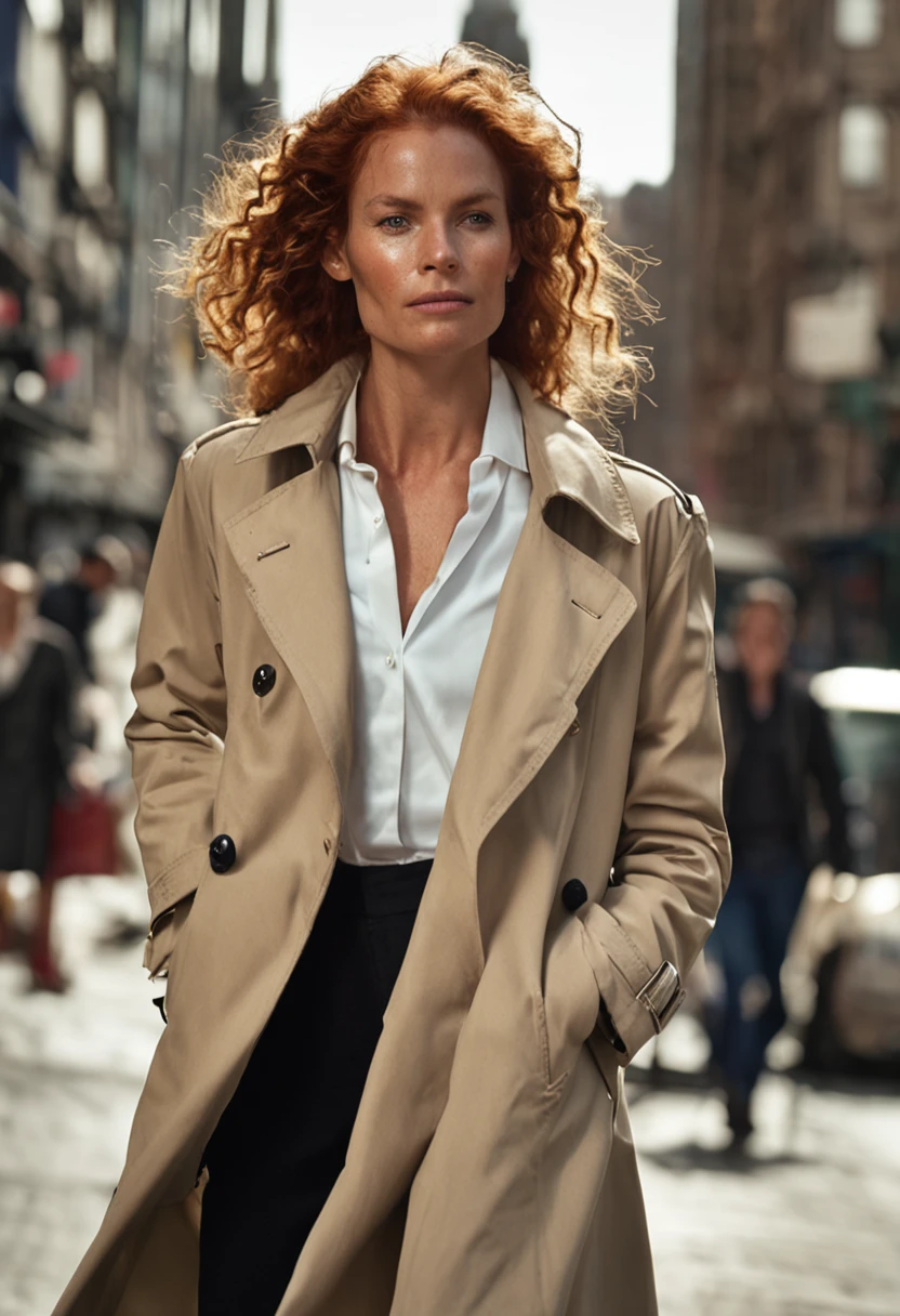 Longas, wavy red hair pulled back in a low bun Light green eyes Light skin with freckles all over her face Wears a classic tanned trench coat over a white button-down shirt and black pants Black oxford shoes Always wears a silver watch and small earrings ::n_desenho de estilo, Low-quality imperfection, boneca, jogo, anime