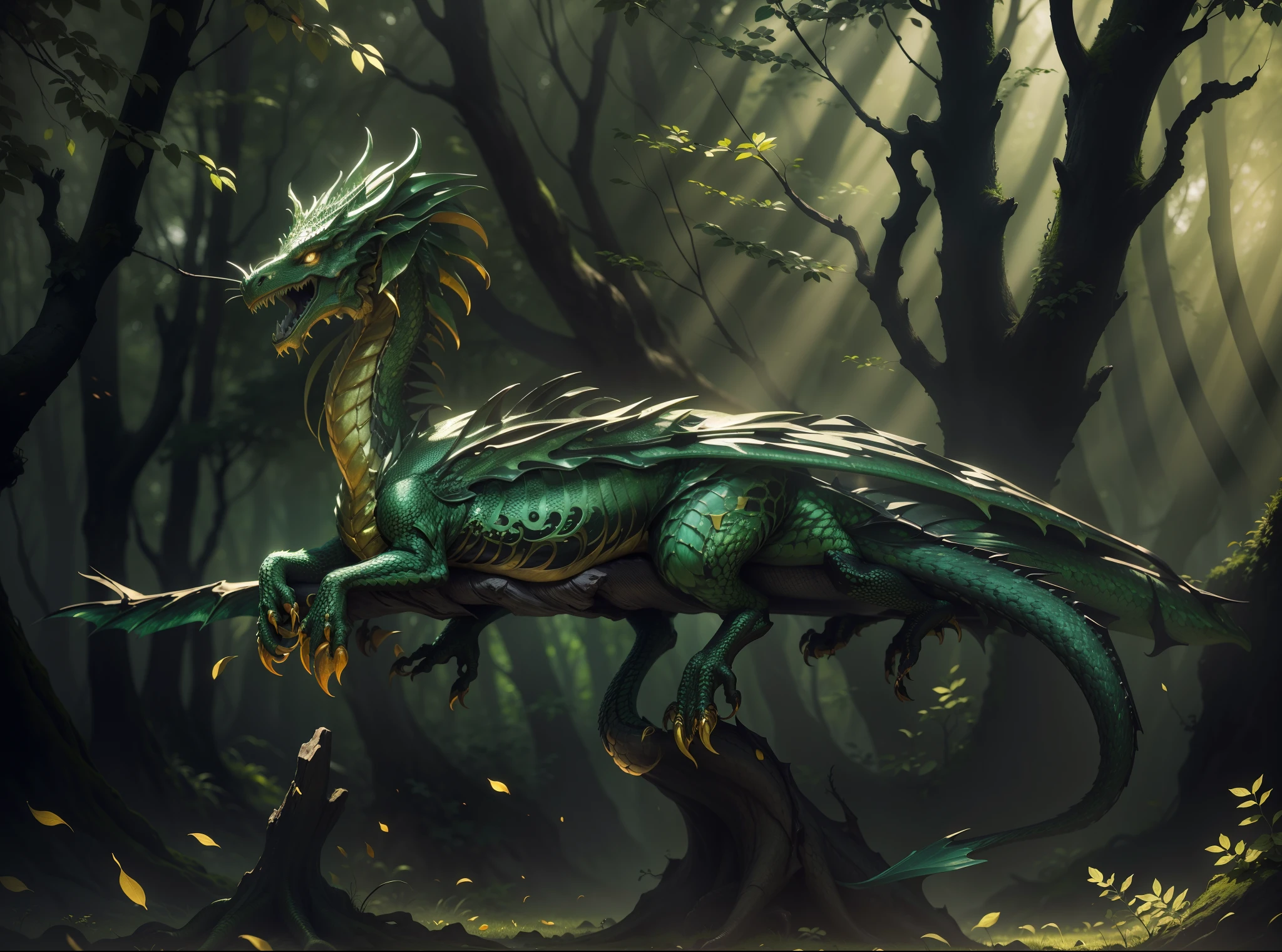 It depicts a dragon lying on a tree trunk，Medium shot of a photorealistic golden dragon，Delicate scales，sharp talons, smooth dark green background，The background is a forest，standing in grassy field，sunny clear sky, Minimalist, Digital photography, High contrast, directional and harsh lighting, magical, intense and tense atmosphere, photography with 50mm lens, Shallow depth of field, maximum focus, hdr, Textured, Symmetrical face, surface details, highly intricate detail, High definition, illusory engine, rendering by octane, surreal photo manipulation, Ultra photo realsisim