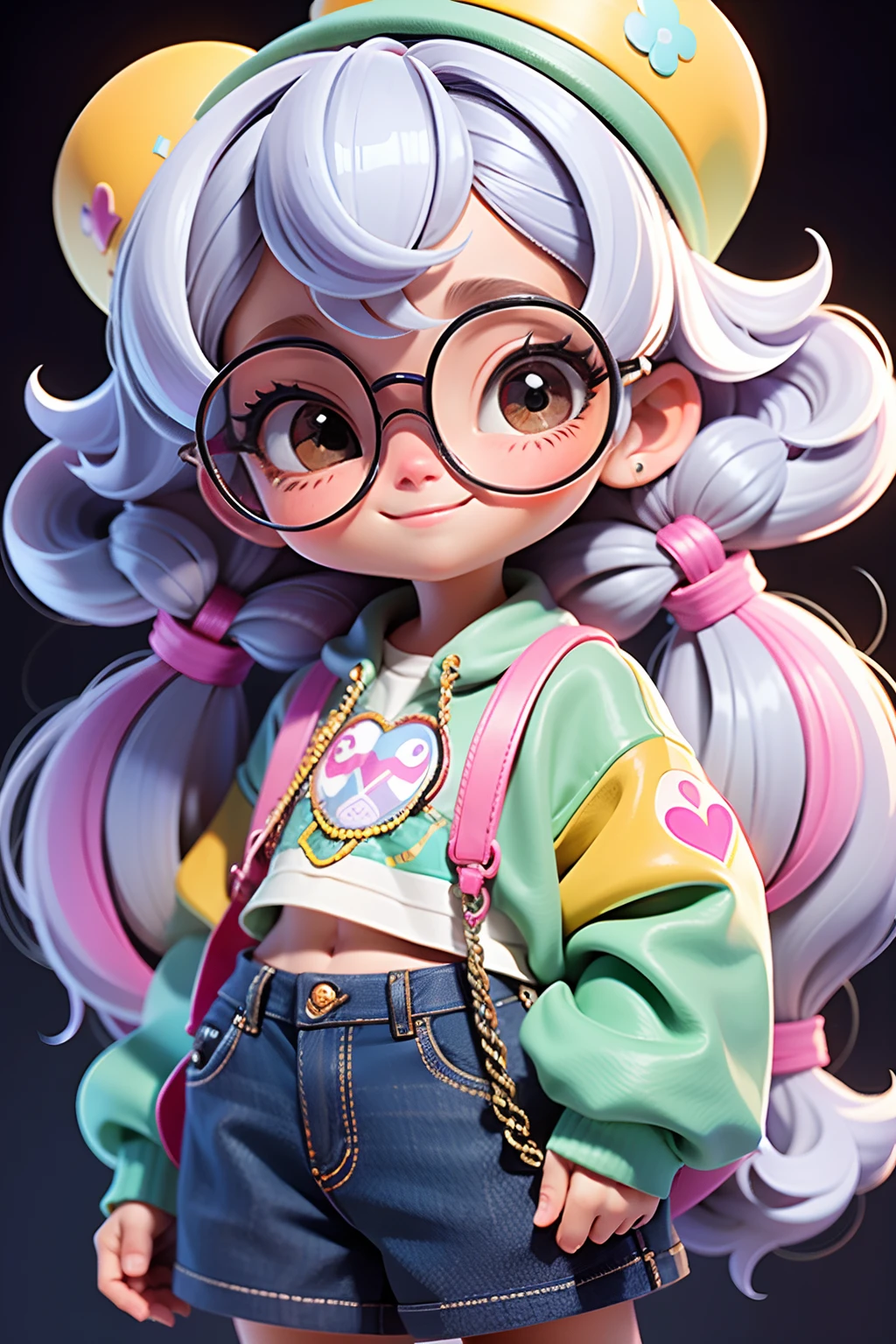 Loli Menina, cabelo mesclado, preso, modern accessories, capuz, moleton , Eyeglasses, olhos delicados e detalhados, sorriso delicado e detalhados, opalescente, Perolescente, Holographic, fundo escuro
