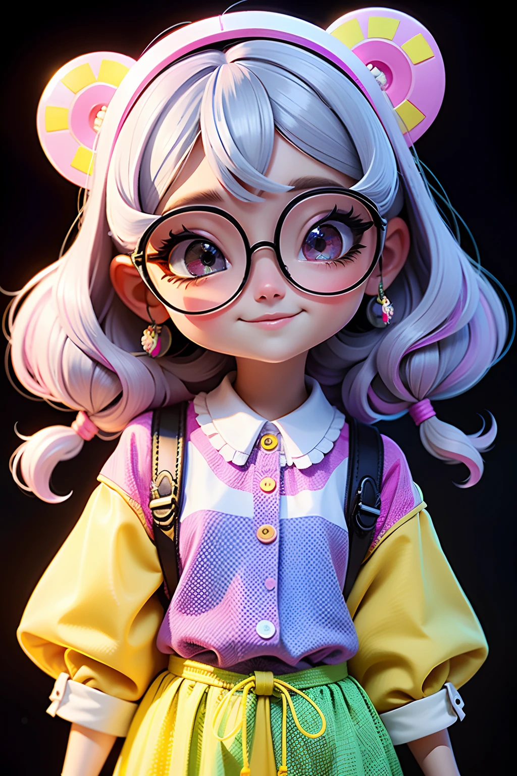 Loli Menina, cabelo mesclado, preso, modern accessories, capuz, moleton , Eyeglasses, olhos delicados e detalhados, sorriso delicado e detalhados, opalescente, Perolescente, Holographic,  fundo escuro