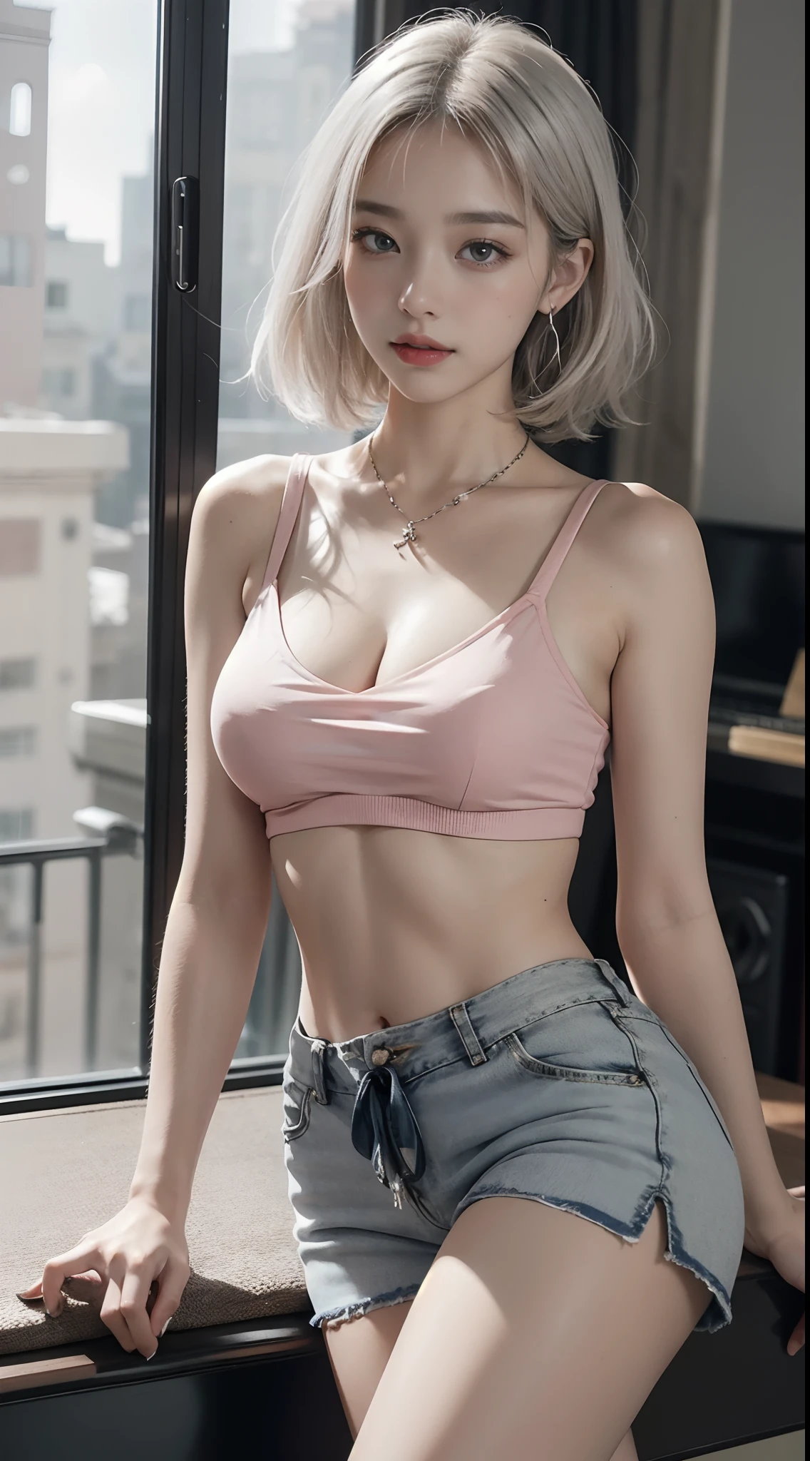 The highest image quality, Raw-Photo, The ultra-Highres, gentle smiling,  Korean, Big breasts, cleavage, Fair skin, shiny white skin, Short bob, Light silver hair, Neatly matching bangs, Cropped T-shirt, sportwear, running shorts, beautidful eyes, Beautiful eyes in random colors, Very thin lips, Beautiful eyes with details, Elongated eyes, pale pink cheeks, long eyeslashes, beautiful double eyelids, eyeshadows, beautiful thin legs, beautiful belly button, beautiful abs, Beautiful ribs, Earrings, necklaces, piano, living room, Stand with your legs apart