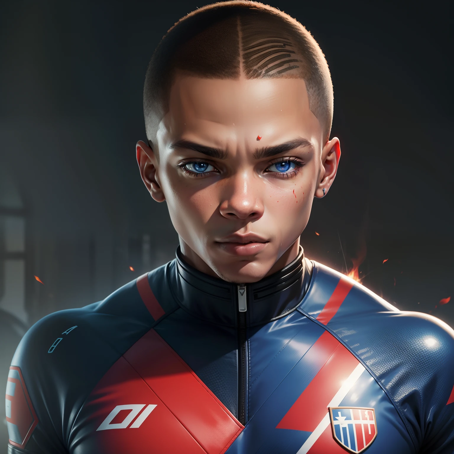 Kylian Mbappe, cyborg, cyberpunk, field, flame, red and blue