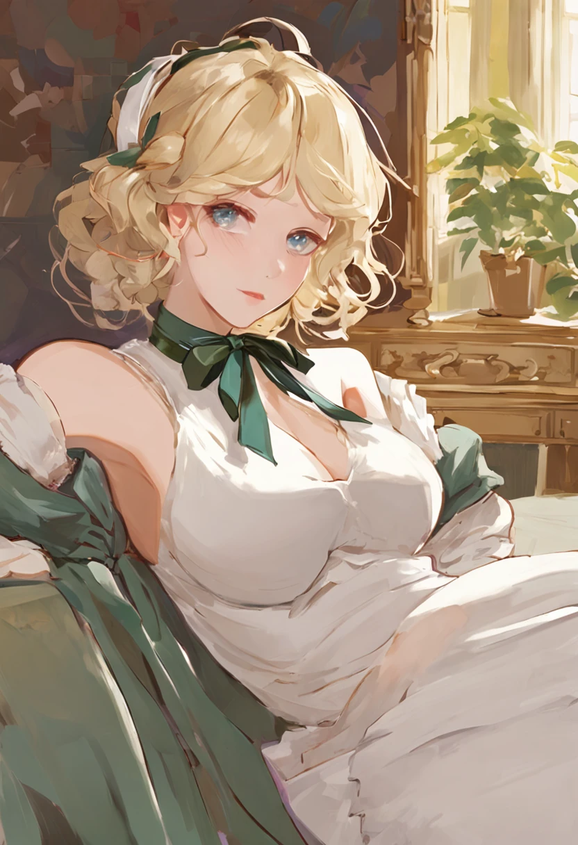 (masterpiece, best quality:1.3), 1girl, nice hands, gold hair, 1 girl, upper body violet_evergarden sleeping on bed closed eyes, medium breasts, perfect face, blond hair, hair ribbon, long sleeves, white dress, green gem, brown gloves, indoor, chair, window, bed, looking at viewer, pregnant, pregnant belly, ((pregnant)), black chocker on neck. a dog leash around her neck