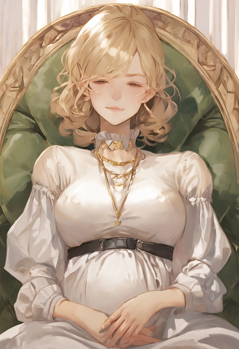 (masterpiece, best quality:1.3), 1girl, nice hands, gold hair, 1 girl, upper body violet_evergarden sleeping on bed closed eyes, medium breasts, perfect face, blond hair, hair ribbon, long sleeves, white dress, green gem, brown gloves, indoor, chair, window, bed, looking at viewer, pregnant, pregnant belly, ((pregnant)), black chocker on neck. a dog leash around her neck