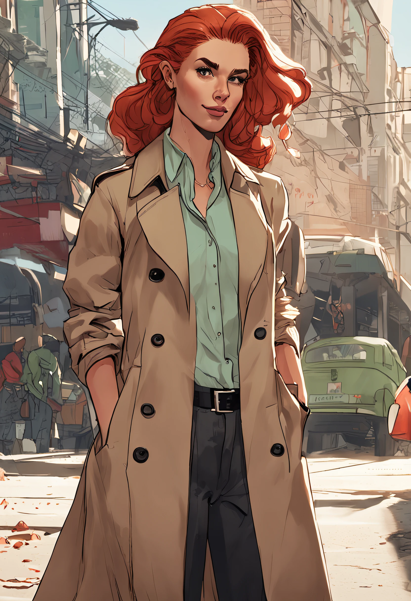 Longas, wavy red hair pulled back in a low bun Light green eyes Light skin with freckles all over her face Wears a classic tanned trench coat over a white button-down shirt and black pants Black oxford shoes Always wears a silver watch and small earrings ::n_desenho de estilo, Low-quality imperfection, boneca, jogo, anime