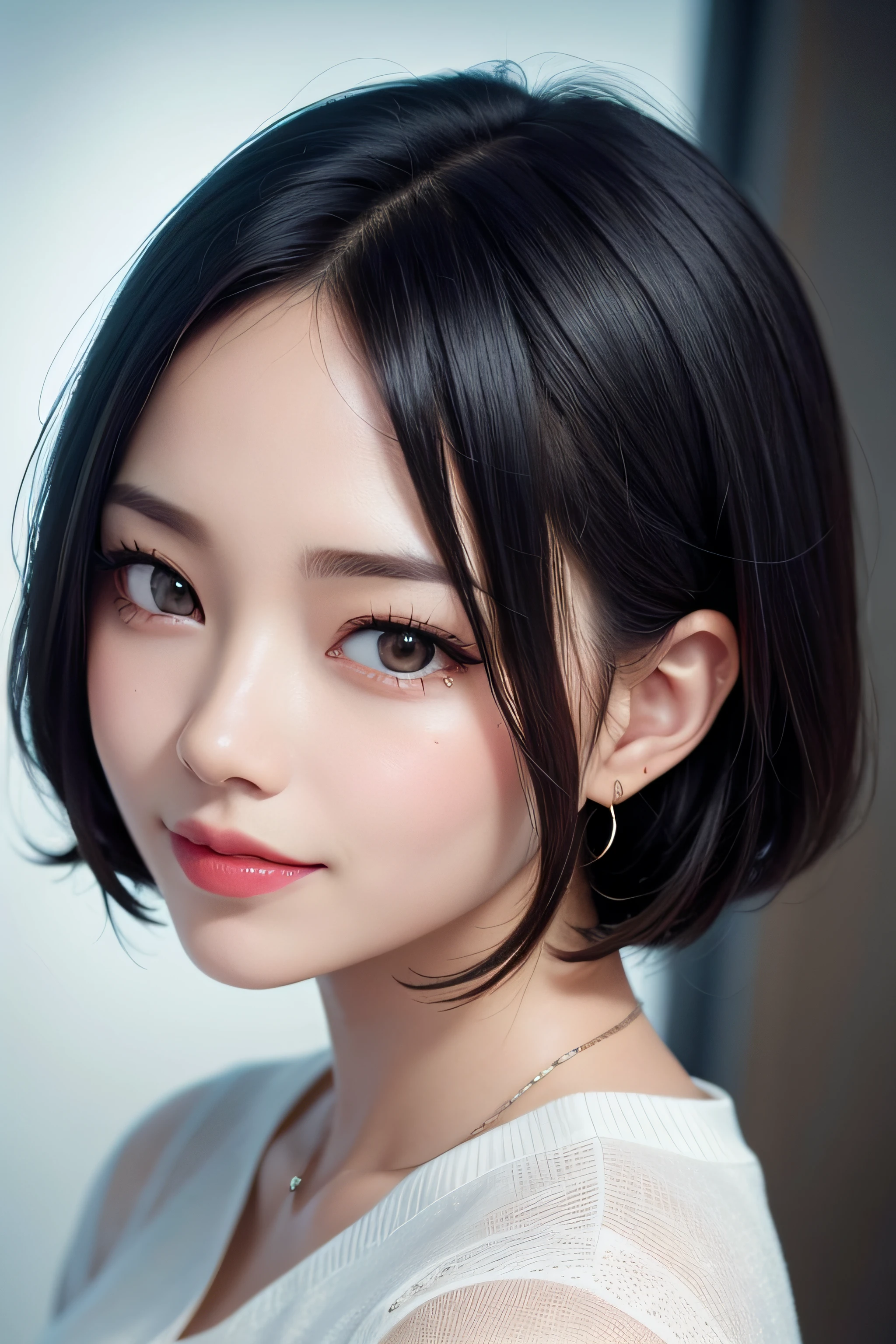 black hair, hair bobbles, longeyelashes, solid circle eyes, light smile, mole under eye, heart earrings, light smile, shy, puckered lips, Surrealism, drop shadow, stereogram, pov, atmospheric perspective, depth of field, first-person view, f/1.8, 8k, super detail, ccurate, best quality, highres, best quality,full body