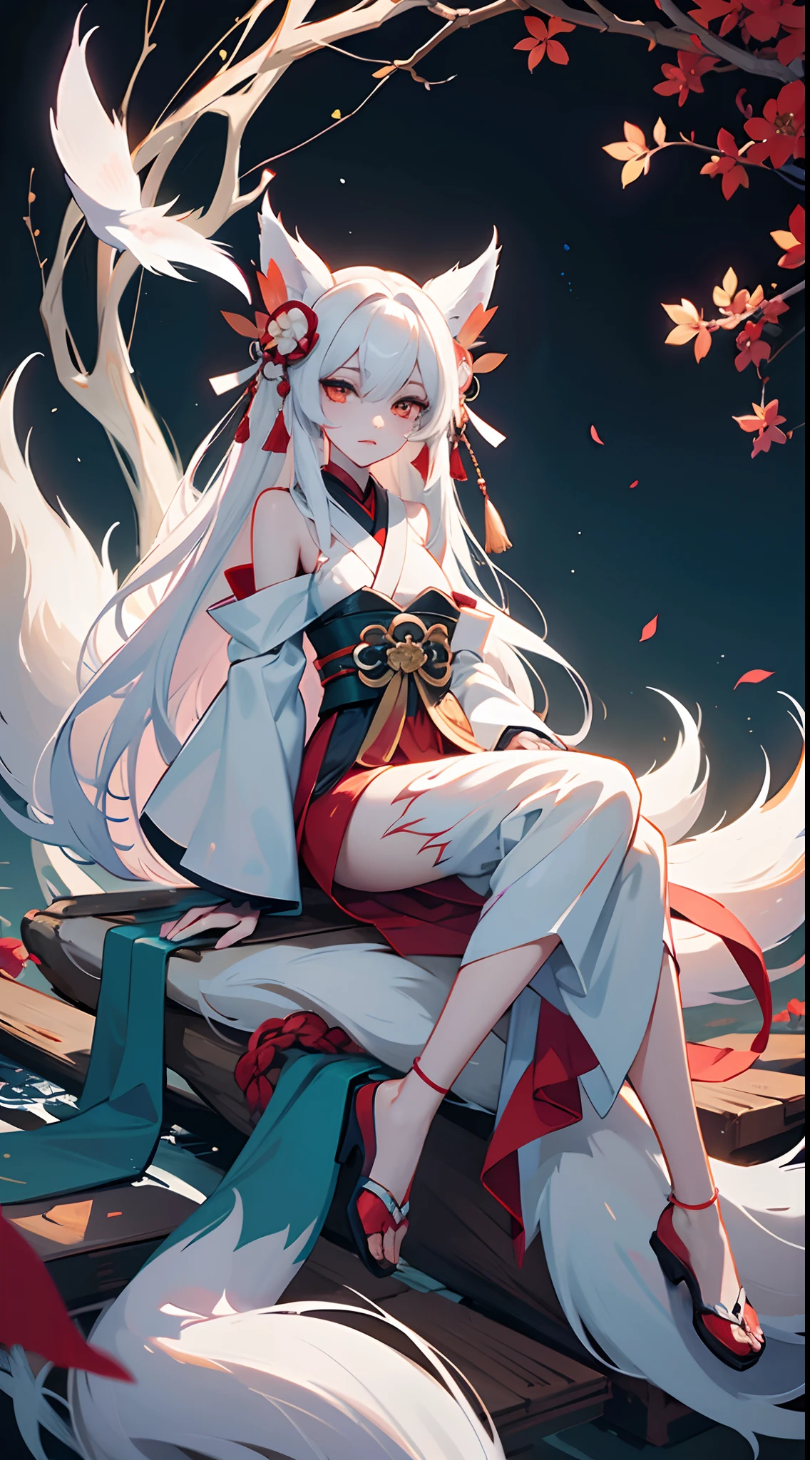 Drawing of a fox with white hair sitting on a branch, ethereal fox, nine-tailed fox, fox three-tailed fox, onmyoji detailed art, nine-tailed, beautiful artwork illustration, mythological creature, fox, beautiful Digital artwork, exquisite digital illustrations, mizutsune, inspired by mythical creatures Wildnet, digital art on pixiv, strong light, high contrast, horror movie theme, dark atmosphere