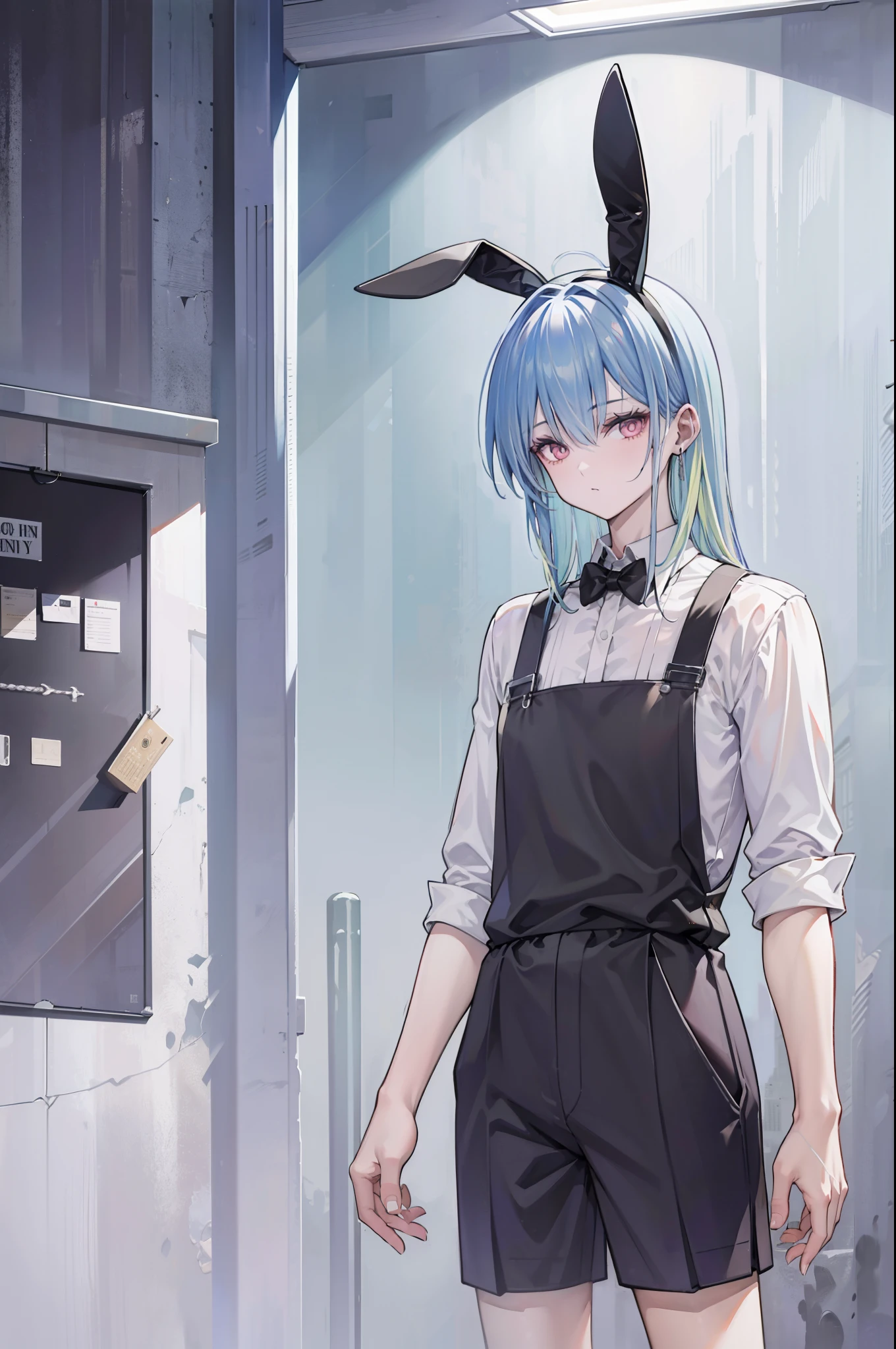《the original god》The male bunny man in the game,rabbitears,eardrop,with short black hair,Green hair ends,Black casual suspenders,Short black T-shirt,Two-dimensional game style,sandbeach,3Drenderingof,8K