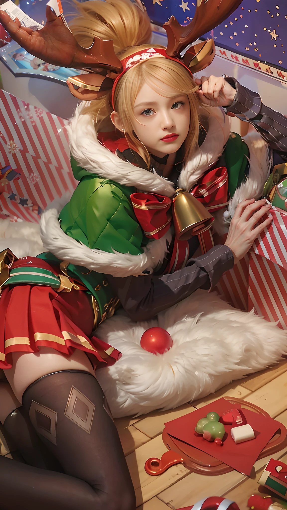 (8k, best quality, masterpiece:1.2), (realistic, photo-realistic:1.37), ultra-detailed, A detailed portrait of 1 girl 18 year old, cute girl, british girl, chrismas outfits, chrismas vibes, pale skin, perfect body, blue eyes, white hair. The scene is illuminated with professional lighting, photon mapping, and radiosity, with Tetsuya Nomura Style. Blur bokeh effect, realistic light.