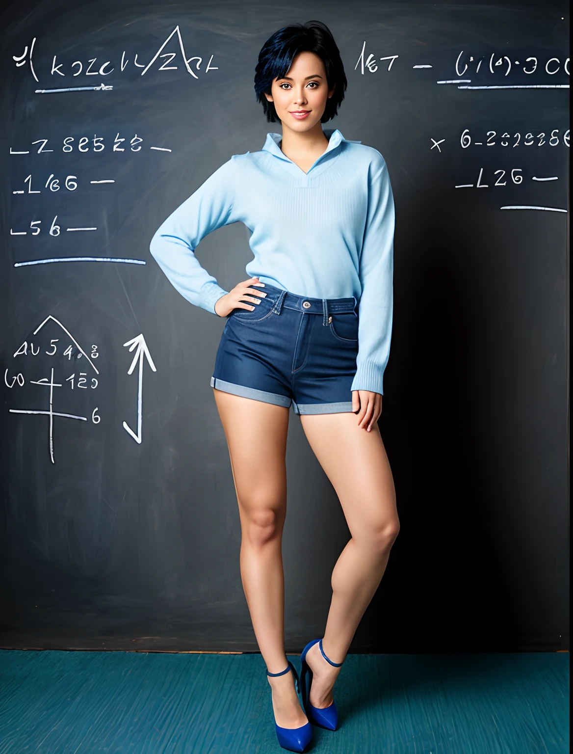 Realistic Sailor Mercury wearing a blue jean jumper & high heels, background full of equations