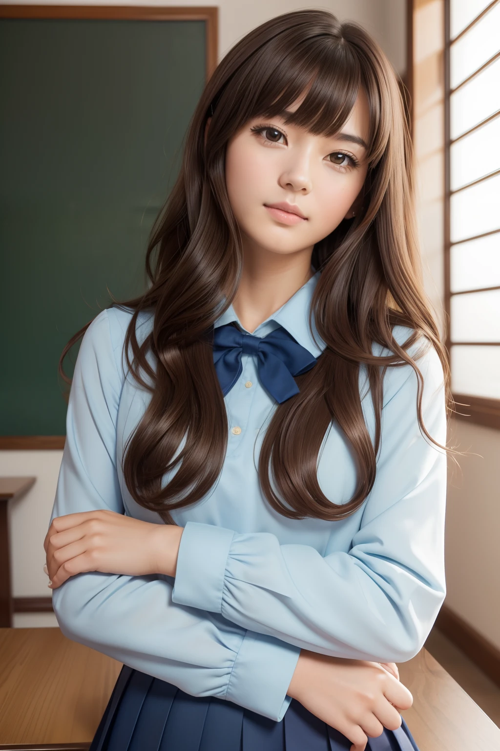 portrait of beautiful woman, in the classroom, soft smile portrait, subtle features, intricate details, calm composition, tension, less contrast, texture, realism, high-quality rendering, stunning art, high quality, film grain, Fujifilm XT3, detailed skin, ((long wavy dark brown hair)), ((brown eyes)), ((18 year old)), ((front bangs hair)), ((blue school uniform)), ((royal look)), ((Japanese)), no make up, mature female