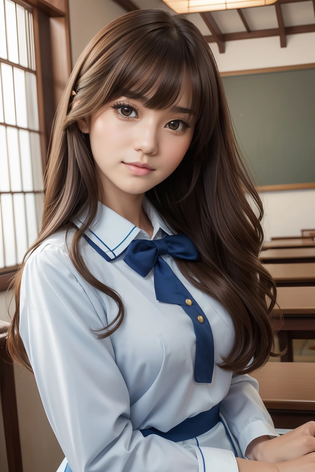 portrait of beautiful woman, in the classroom, soft smile portrait, subtle features, intricate details, calm composition, tension, less contrast, texture, realism, high-quality rendering, stunning art, high quality, film grain, Fujifilm XT3, detailed skin, ((long slight wavy dark brown hair)), ((brown eyes)), ((18 year old)), ((front bangs hair)), ((blue school uniform)), ((royal look)), ((Japanese)), no make up, mature female