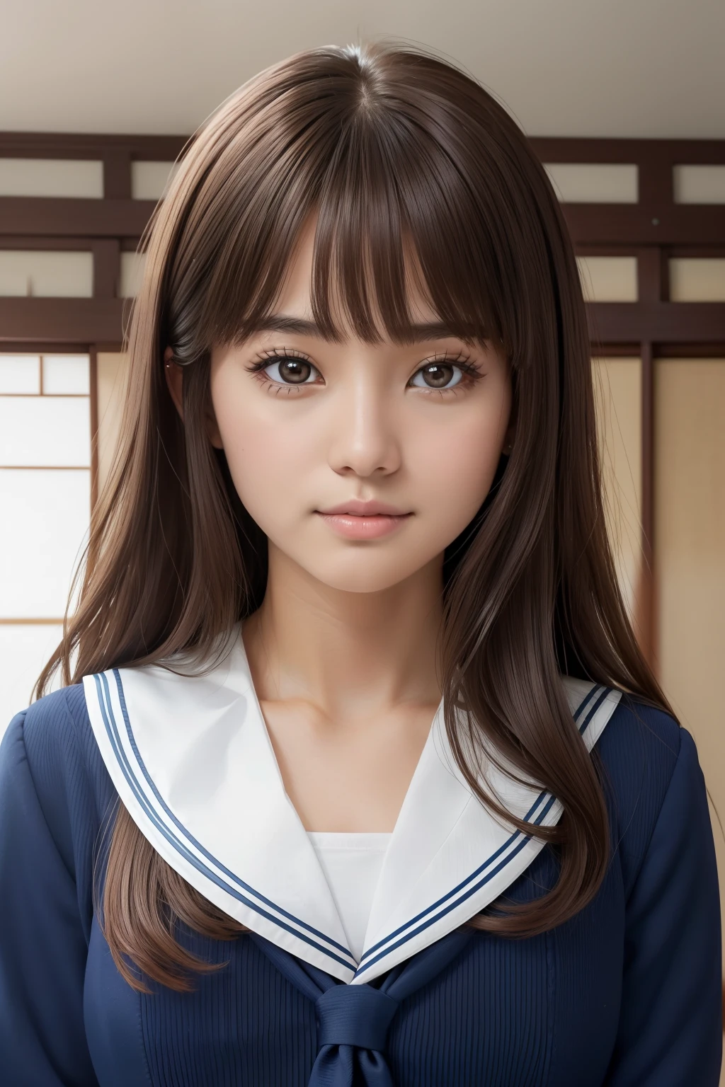 portrait of beautiful woman, in the classroom, soft smile portrait, subtle features, intricate details, calm composition, tension, less contrast, texture, realism, high-quality rendering, stunning art, high quality, film grain, Fujifilm XT3, detailed skin, ((long slight wavy dark brown hair)), ((brown eyes)), ((18 year old)), ((front bangs hair)), ((blue school uniform)), ((royal look)), ((Japanese)), no make up, mature female