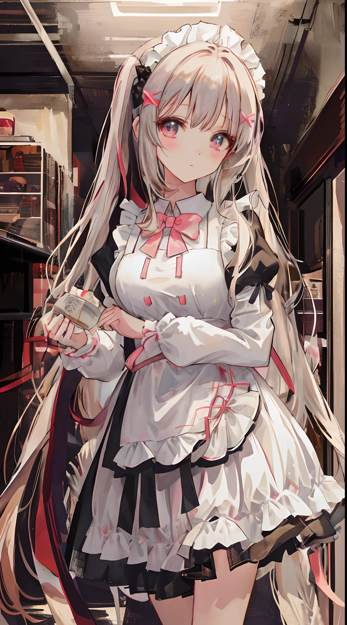 Anime girl holding cake，It has white frosting on top, cute anime waifu in a nice dress, anime visual of a cute girl, Cute anime girl, loli in dress, (Anime girl), anime girl in a maid costume, Anime girl with long hair, nyaruko-san, up of young anime girl, pretty anime girl, Beautiful anime girl, From Arknights