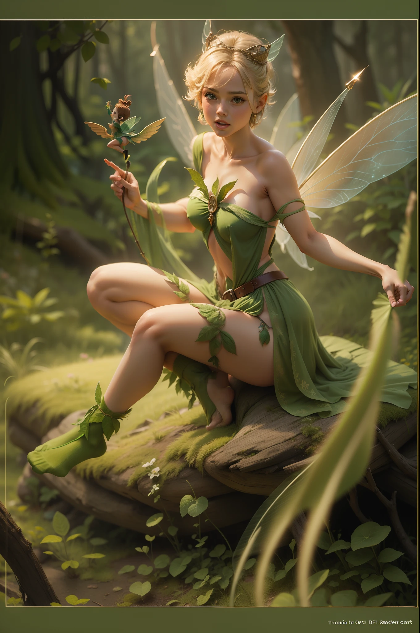 tinker bell nude at the florest, open legs, pubic hair, fairy, medieval fantasy, wings, green socks walt disney