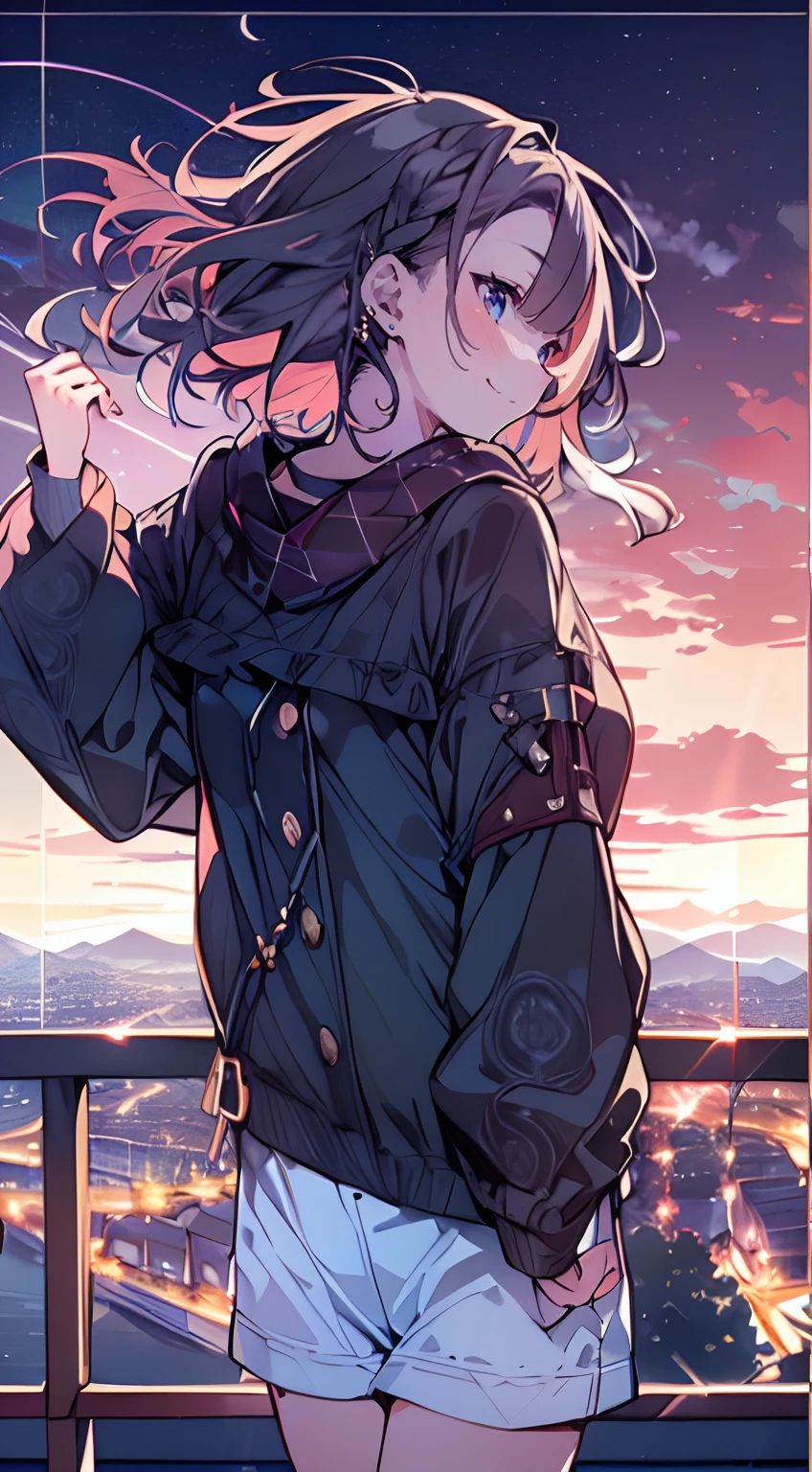 masutepiece, Best Quality,Illustration, Wallpaper, Ultra Detail, Absurdly beautiful, 1girl in、 (Medium short hair、short braided hair), Beautiful ultra-detailed eyes , ample breasts、Hair fluttering in the wind、A mischievous smile、Smaller head、Beautiful night sky、(a panoramic view:1.5)