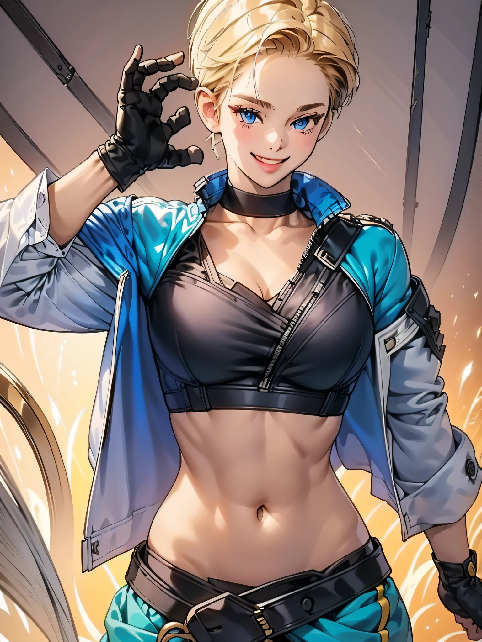 Cammy white, Short hair, Antenna Hair, Blue eyes, scar on cheeks, Large breasts, Black Choker, 鎖骨, Blue jacket, Cropped jacket, Open jacket, Sports Bra, Midriff, Fingerless gloves, Black Gloves, ((High Cut Twine Langaree Sexy)),lightsmile,Ambient lighting,Full body shot,