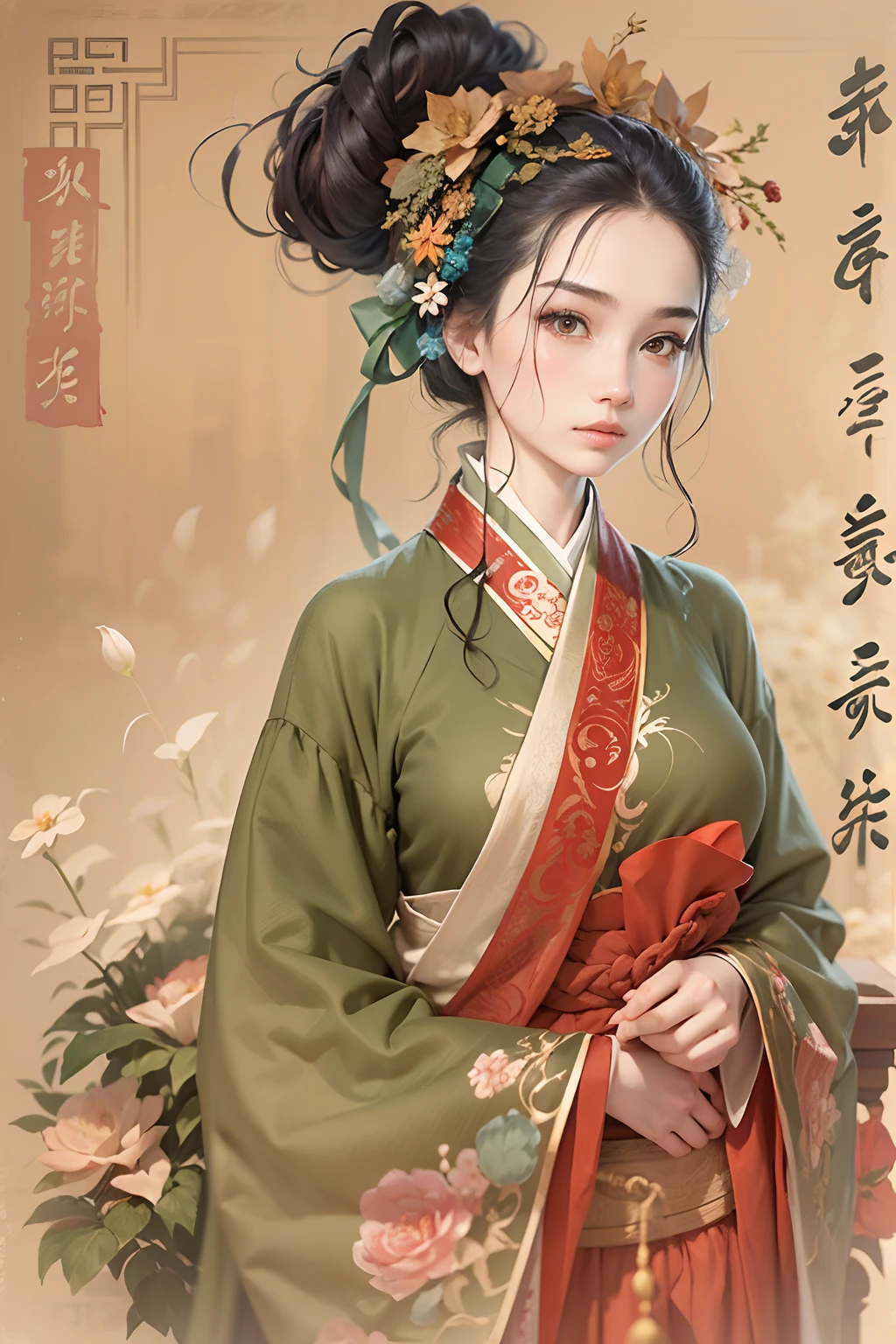 （Masterpiece），Hangzhou，Cool temperament，Cold and glamorous，long whitr hair，A girl in a red cotton linen robe，beuaty girl，Beautiful facial features，Delicate hair accessories，baggy，Taoist robes，Lazy，Simple and elegant，（Fabric texture），Mori Department，Textured，mechanism，（flax