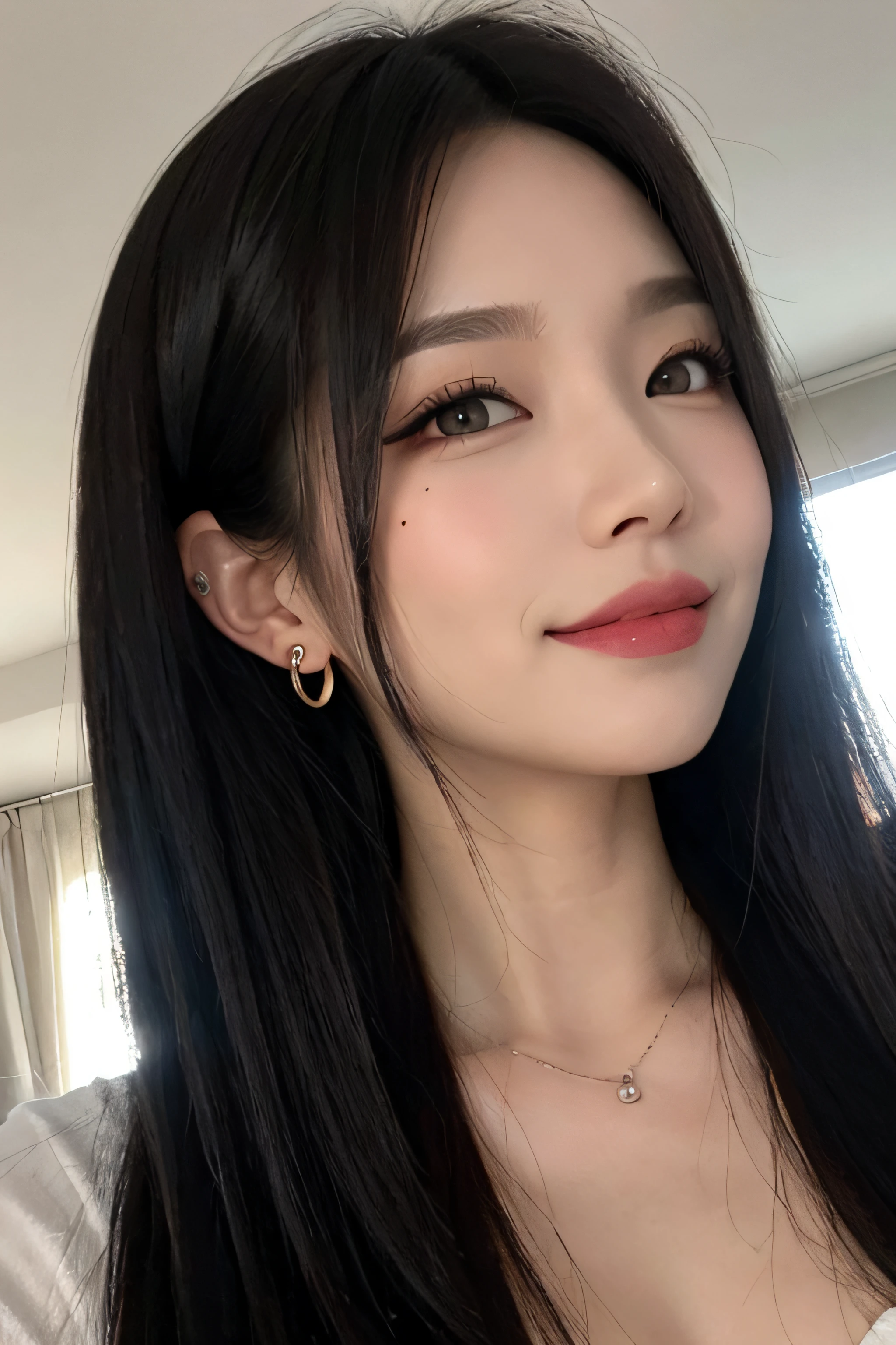 black hair, hair bobbles, longeyelashes, solid circle eyes, light smile, mole under eye, heart earrings, light smile, shy, puckered lips, Surrealism, drop shadow, stereogram, pov, atmospheric perspective, depth of field, first-person view, f/1.8, 8k, super detail, ccurate, best quality, highres, best quality,full body