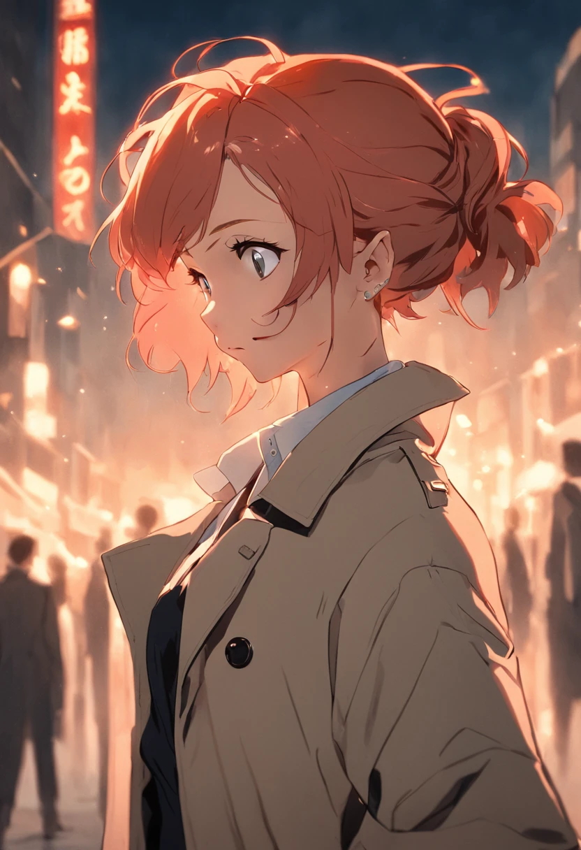 Longas, wavy red hair pulled back in a low bun Light green eyes Light skin with freckles all over her face Wears a classic tanned trench coat over a white button-down shirt and black pants Black oxford shoes Always wears a silver watch and small earrings